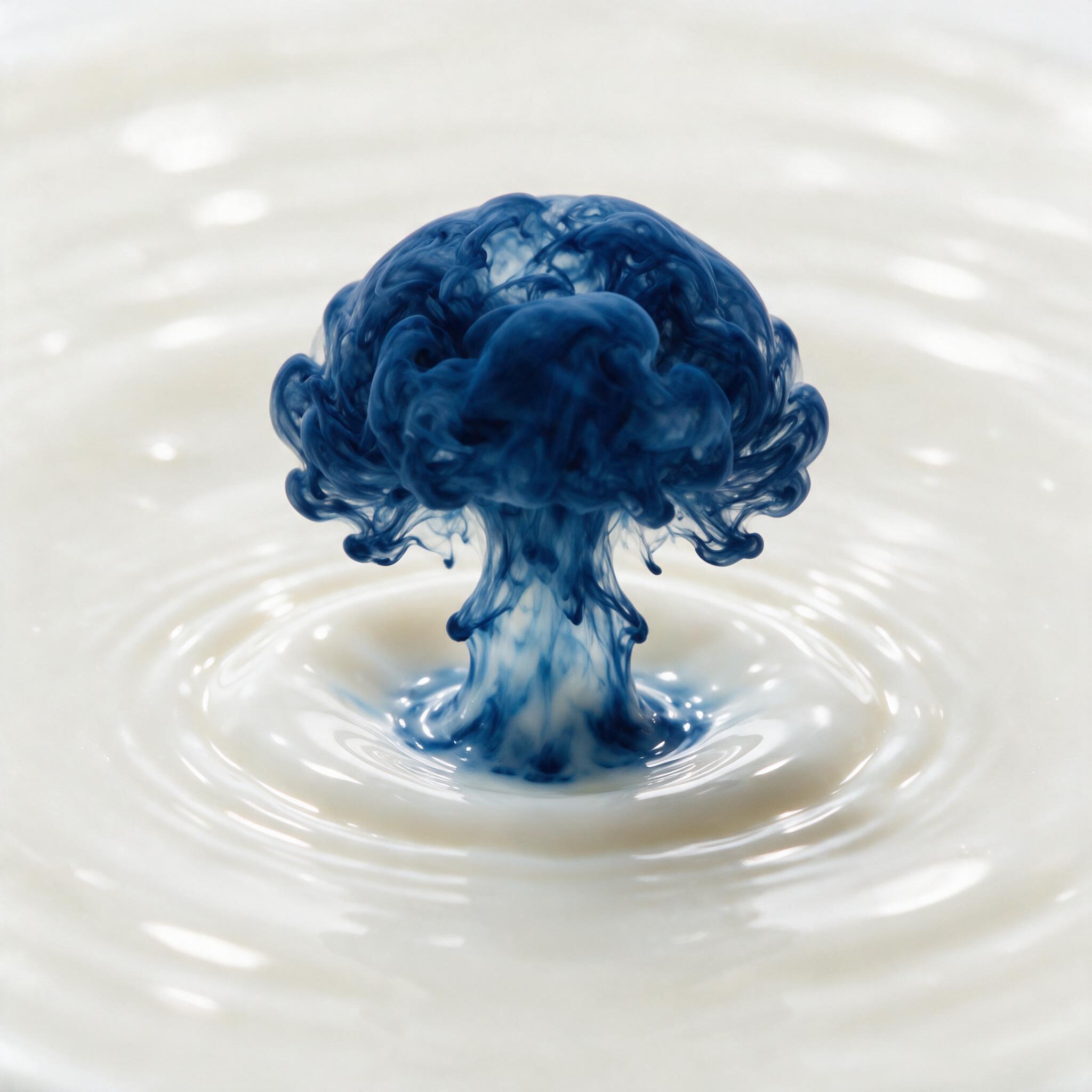 A single droplet of deep blue ink falling into a shallow pool of milk, creating a symmetrical, swirling mushroom cloud. Soft, diffused top-down lighting. Minimalist composition with sharp focus on the impact point. Subtle surface tension ripples, no motion blur.