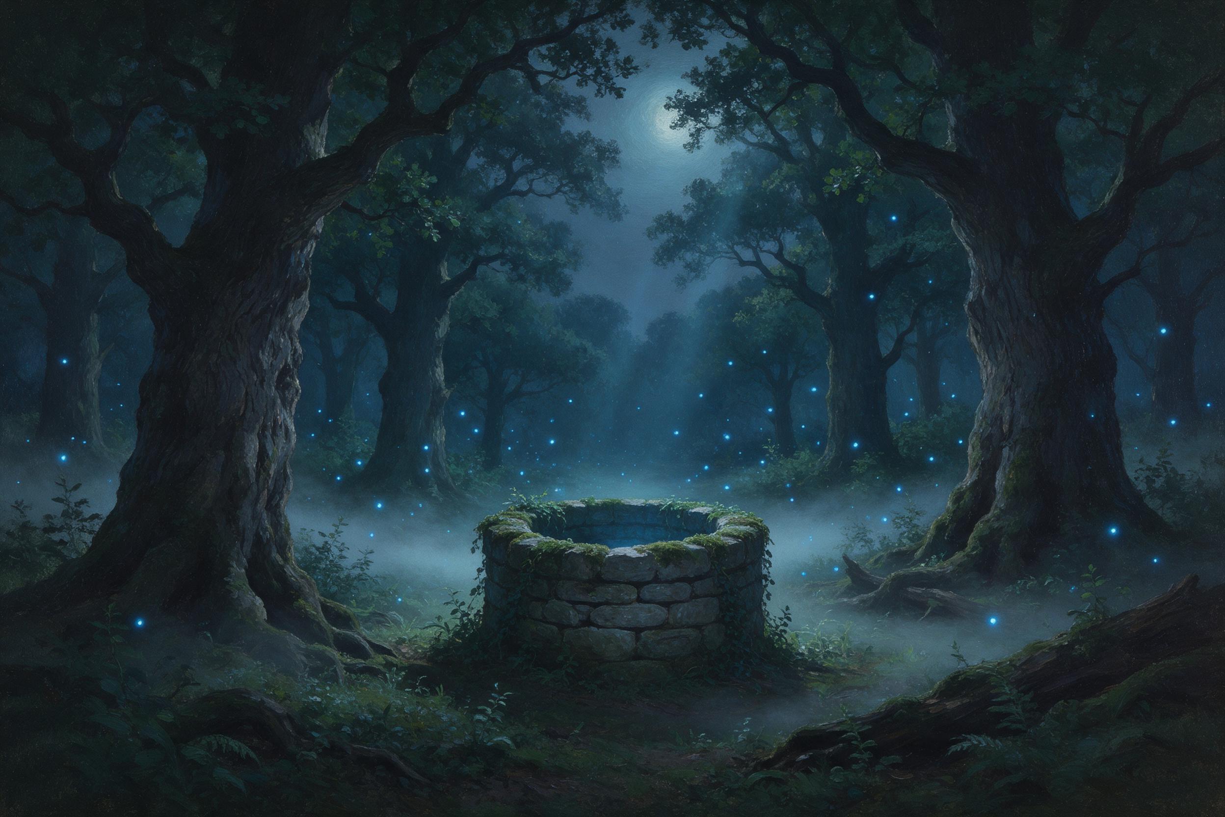 A moonlit forest clearing where glowing blue fireflies drift between ancient oaks, a small stone well overgrown with moss at center, soft mist curling around roots, moonlight filtering through canopy, cool cyan and deep green palette, painterly brushstrokes, whimsical atmosphere, no people