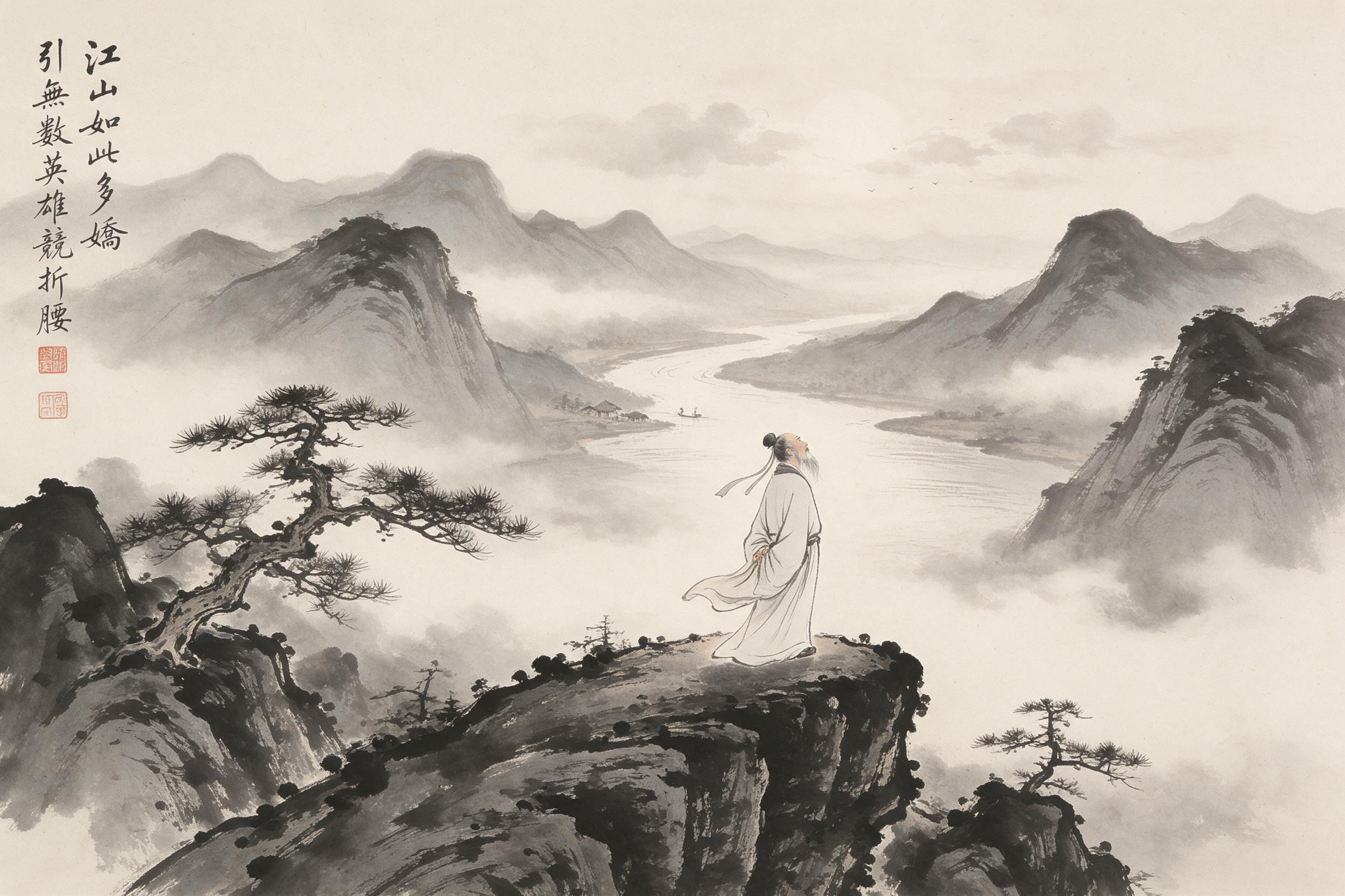 A solitary scholar in flowing robes stands on a cliff edge, gazing at a misty valley of layered mountains rendered in ink wash style. Sparse pine trees cling to rocky outcrops. Soft morning light filters through drifting fog, creating a serene atmosphere. Brush strokes visible in the rocks and water