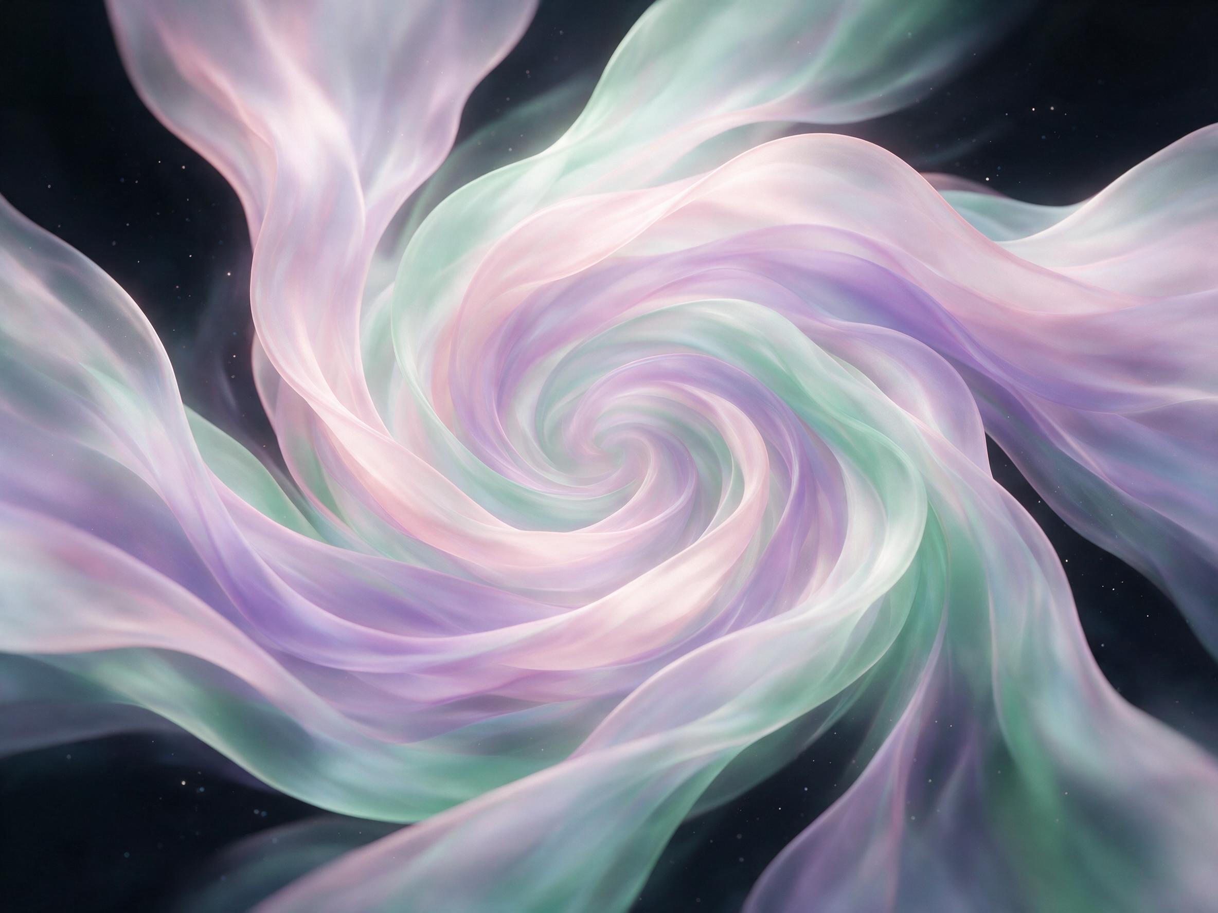 A swirling vortex of translucent pastel colors, pale pink, lavender, and mint green, intertwining like liquid silk. Soft, diffused light from above creates gentle gradients. Smooth, fluid curves with no sharp edges, minimalist composition, floating in a void.