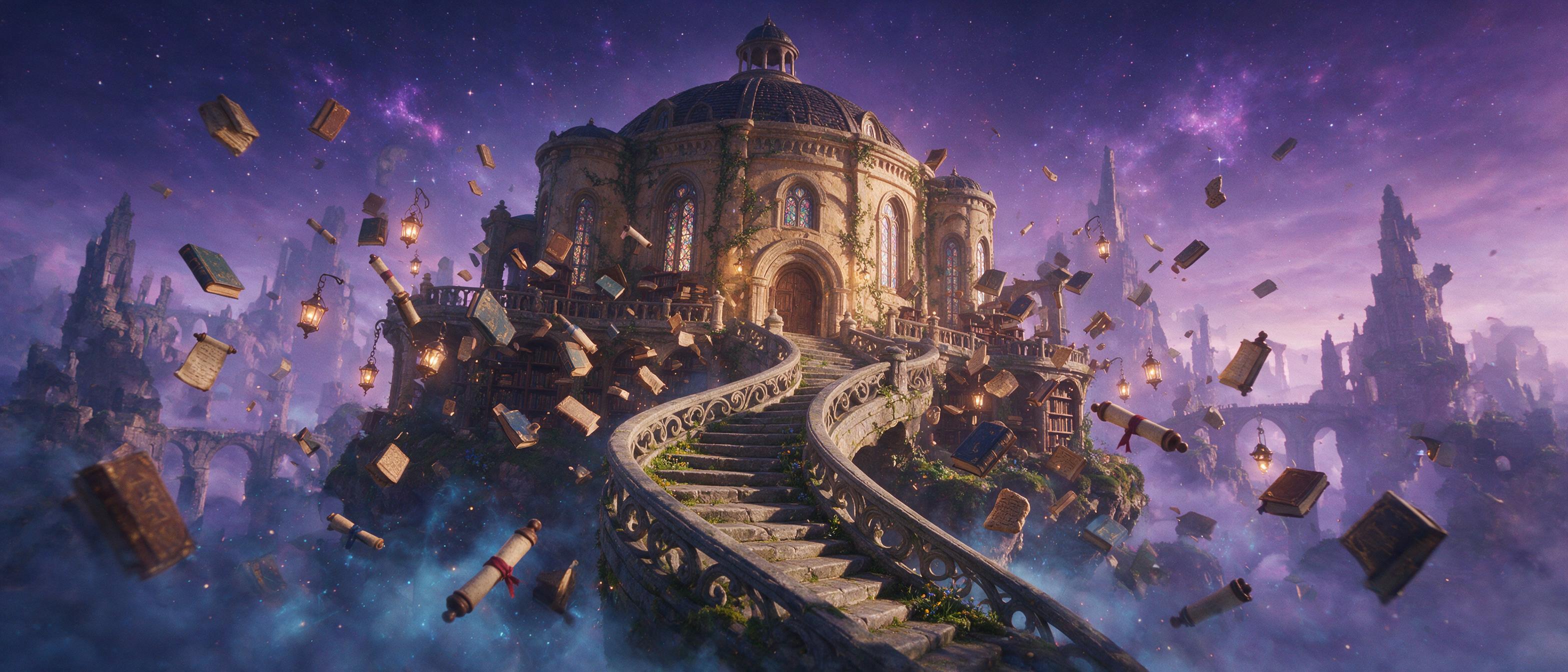 A forgotten library floating on a glowing island in a misty void, ancient books and scrolls levitating around a spiral staircase, warm candlelight from hovering lanterns, cold blue fog below, deep purples and golds, cinematic composition with a central vanishing point, subtle film grain