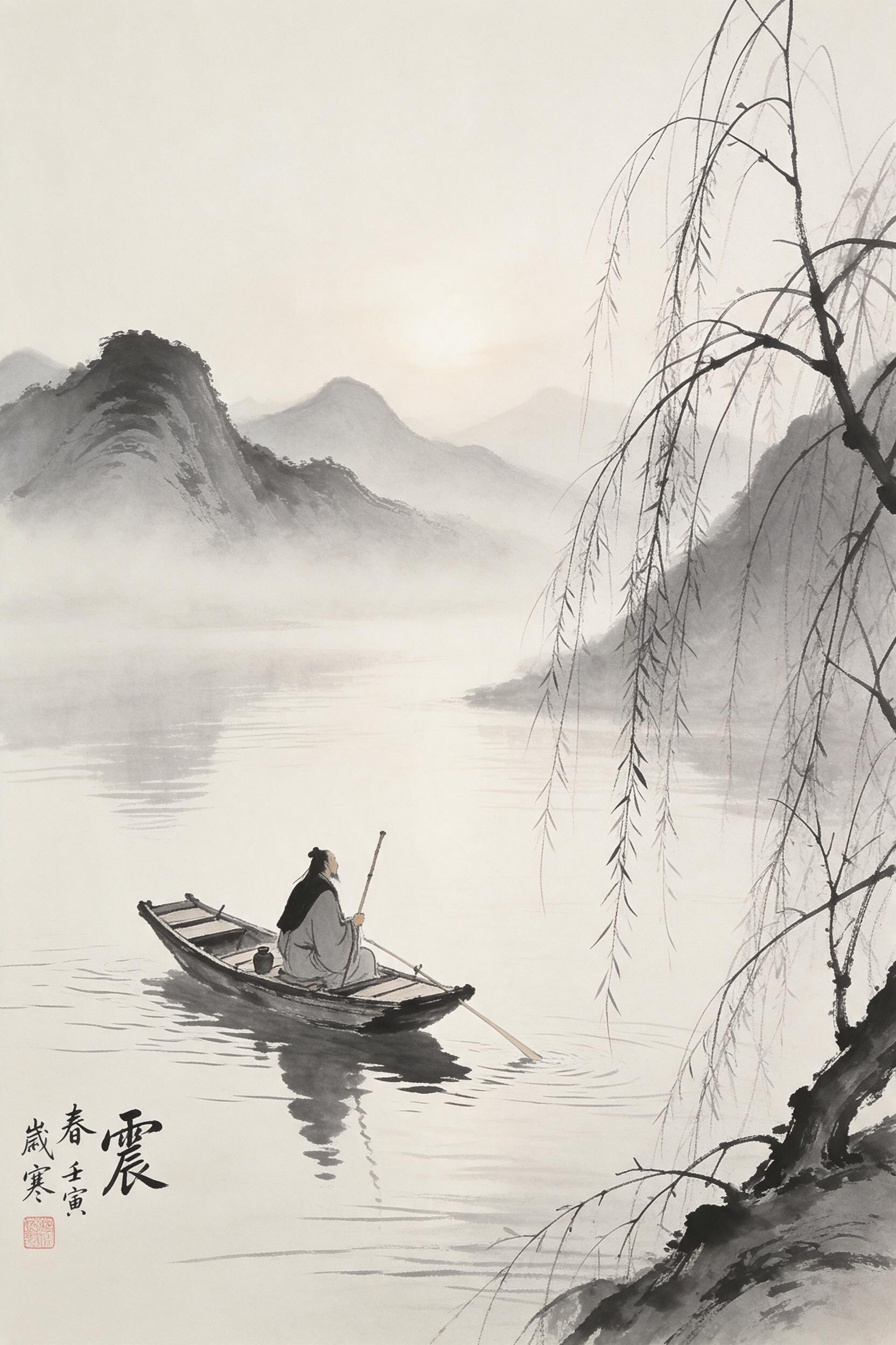 Solitary scholar in a wooden boat drifting on a misty river, ink wash painting style with flowing brushstrokes, pale grey and black tones, distant layered mountains fading into fog, minimal negative space, soft morning light, gentle ripples, hanging willow branches framing the right side