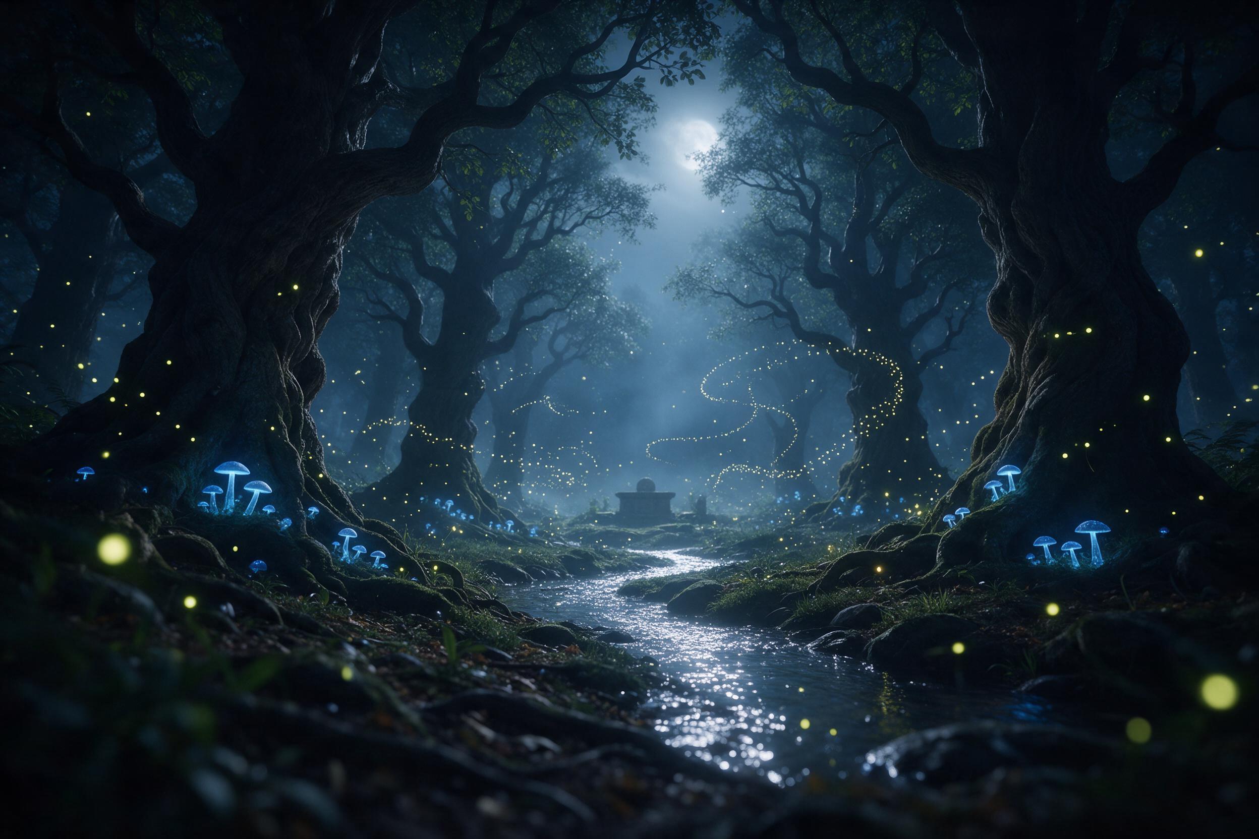 A moonlit enchanted forest clearing, ancient twisted trees with glowing blue mushrooms at their roots, a shimmering silver stream winding through, fireflies forming swirling patterns, misty air catching pale moonlight, soft focus on a distant stone altar, low-angle view from the forest floor, ethere