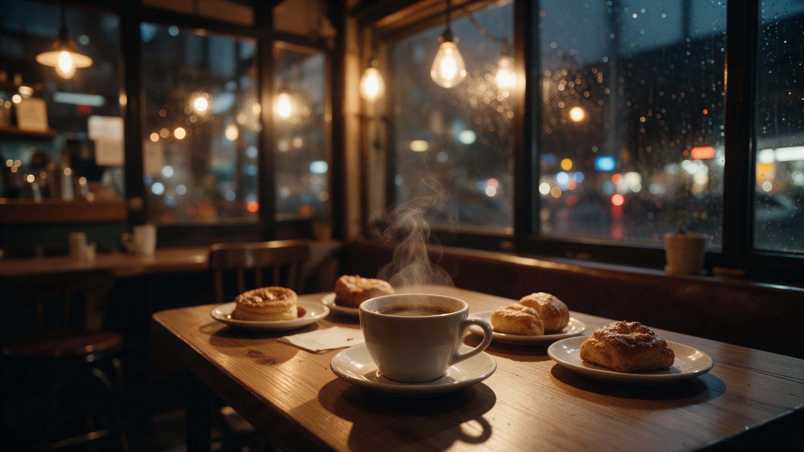 A cozy rainy evening inside a small café: warm tungsten lights reflecting on wet window glass, blurred city lights bokeh outside, a steaming cup of coffee on a wooden table, scattered pastries, soft shadows, cinematic composition, shallow depth of field, natural grain, no people.