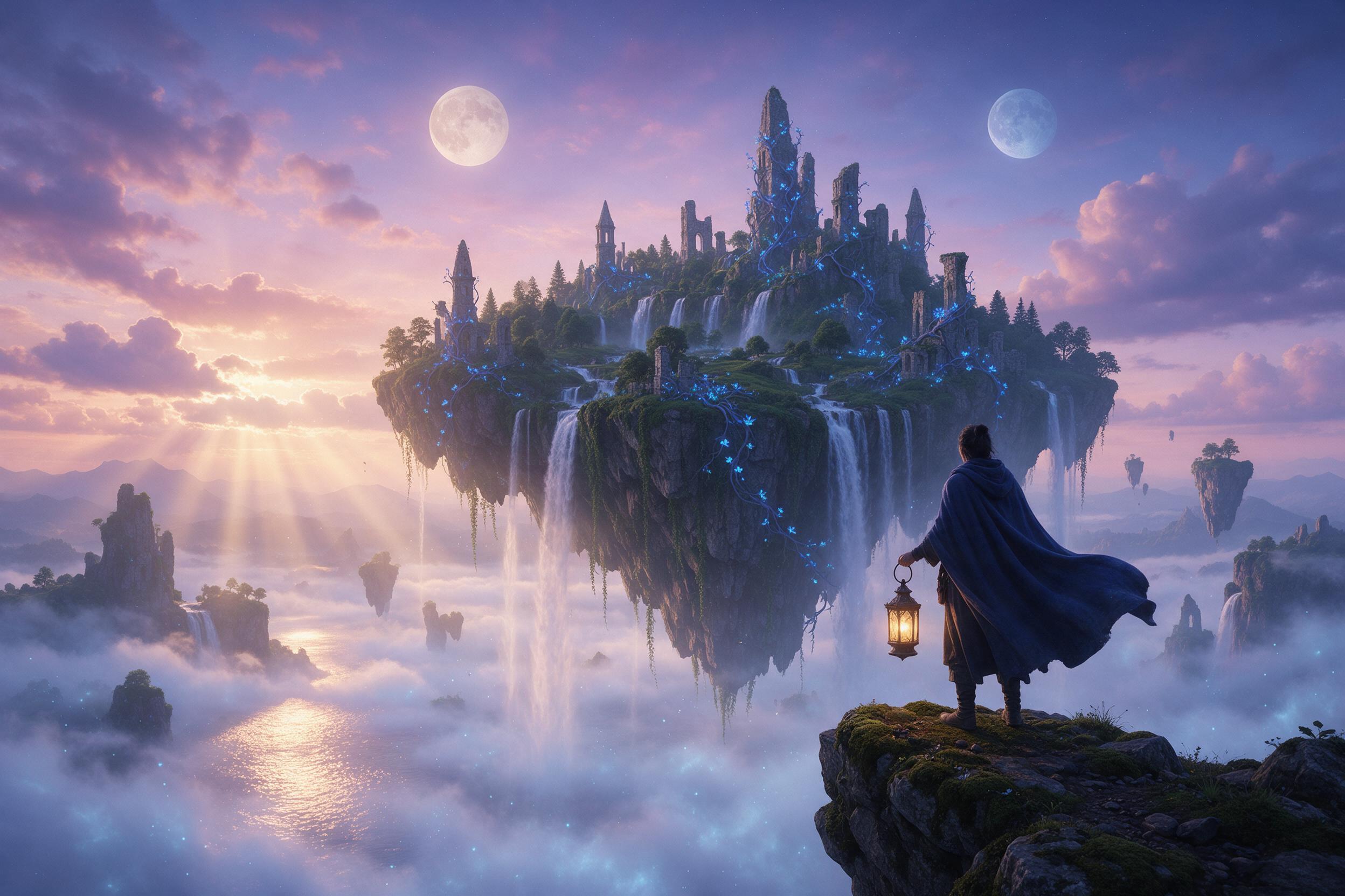 An ethereal floating island at twilight, cascading waterfalls pouring into a sea of glowing mist, ancient stone ruins entwined with luminous blue vines, a lone traveler in a flowing cloak holding a lantern on a mossy cliff edge, soft pink and purple sky with two moons, god rays breaking through clou