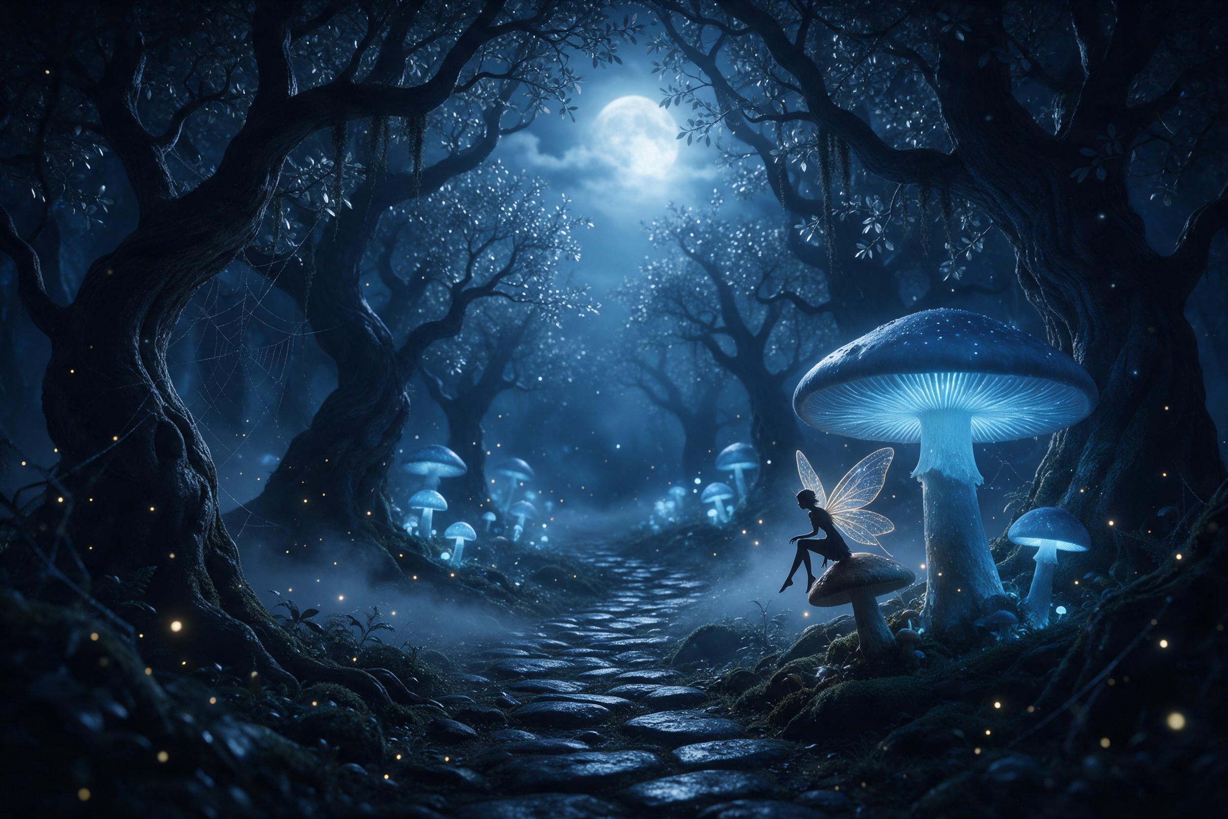 A moonlit enchanted forest with giant glowing mushrooms casting soft blue light on a winding mossy path, fireflies drifting as golden dust, ancient twisted trees with silver leaves, mist hanging low, silhouette of a fairy with translucent wings perched on a toadstool, ethereal atmosphere, cold color