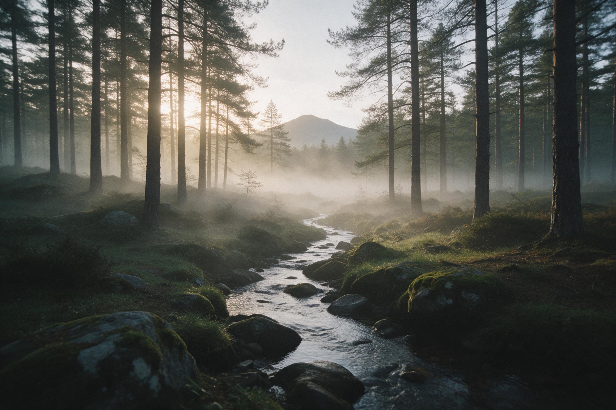 A misty pine forest at dawn, soft golden light filtering through tall trees, a small stream winding over moss-covered rocks, gentle fog rolling along the ground, distant mountain silhouette, serene atmosphere, natural color grading, slight film grain, wide-angle composition with leading lines into t