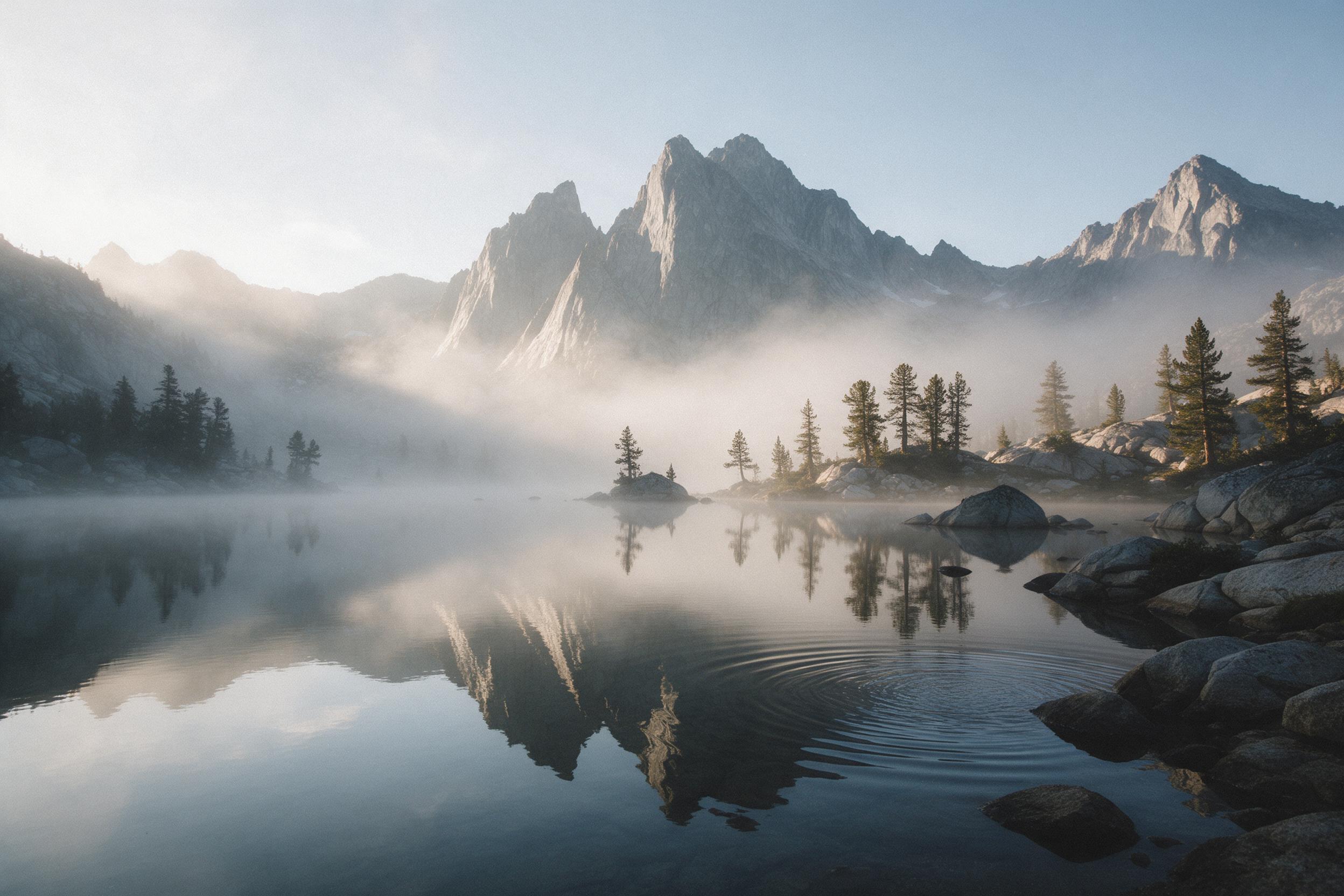 A misty alpine lake at dawn, glassy water reflecting towering granite peaks and scattered pine trees, soft golden light breaking through morning fog, gentle ripples near the rocky shore, muted cool tones with warm highlights, wide-angle composition emphasizing depth and scale, subtle film grain for 