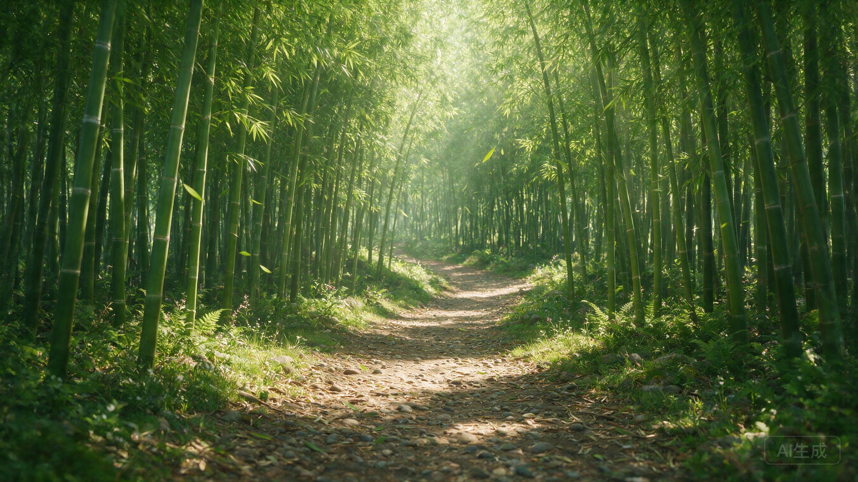 A serene bamboo forest path, sunlight filtering through the canopy, gentle breeze rustling the leaves, peaceful natural scene