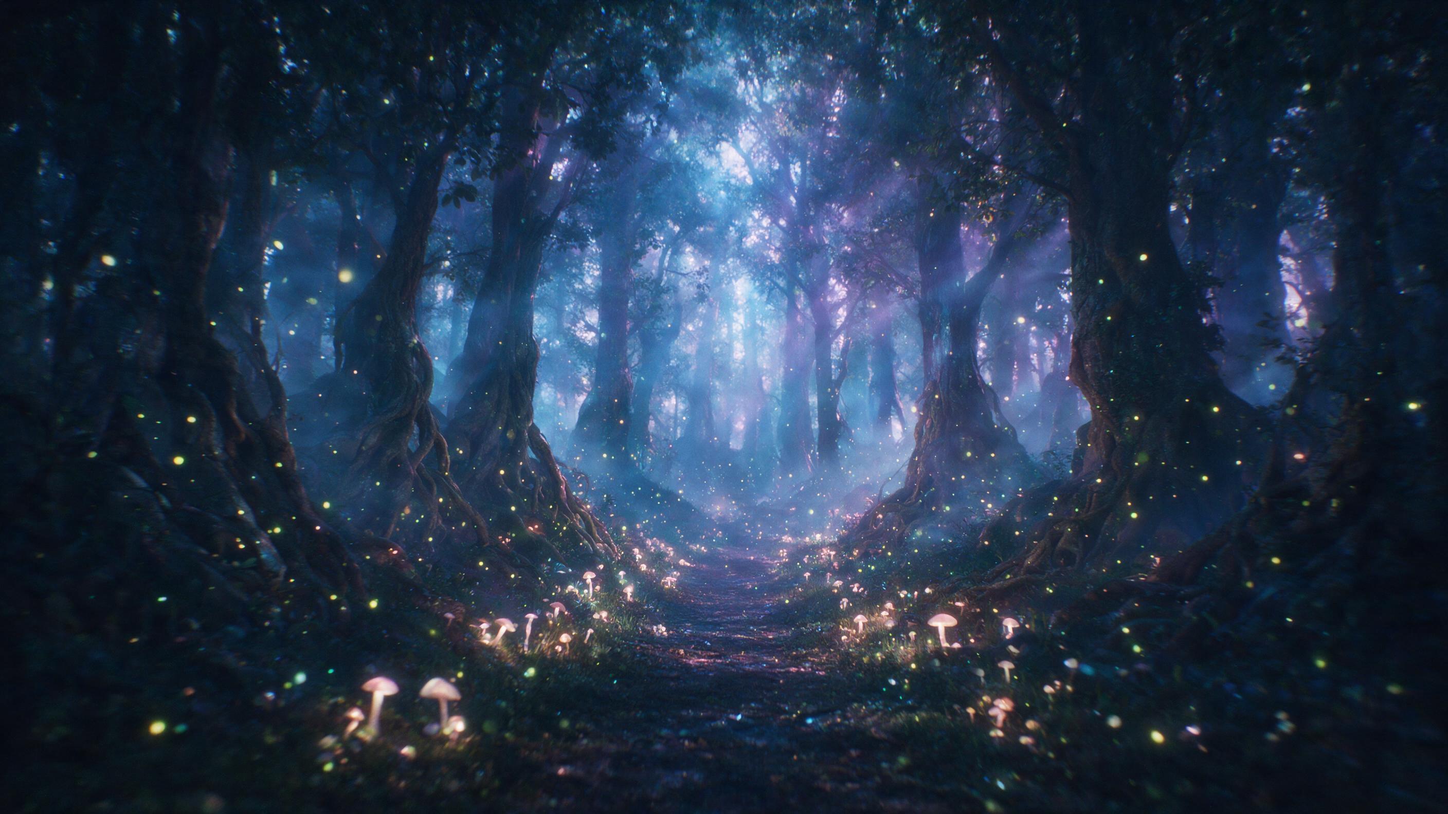 A luminous forest at twilight, glowing mushrooms and floating firefly-like particles illuminate the path, ancient trees with twisted roots, soft mist weaving between trunks, ethereal blue and purple light rays piercing through canopy, slight camera shake, natural grain, cinematic composition