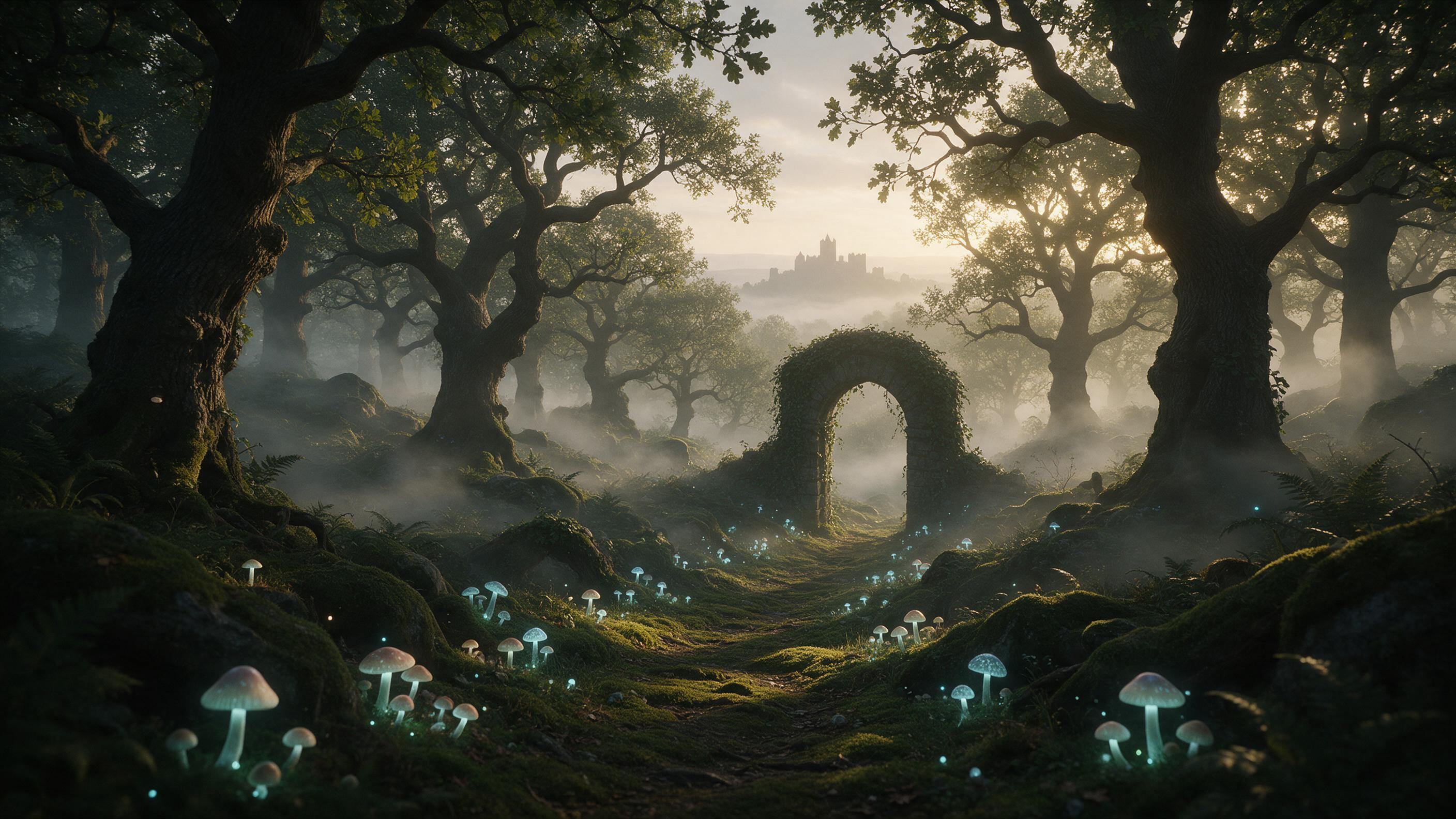 An ancient forest at dawn, glowing bioluminescent mushrooms line a mossy trail, hidden stone archway covered in ivy, ethereal mist weaving between gnarled oak trees, soft golden light filtering through canopy, a distant castle silhouette on the misty horizon, cinematic composition with foreground fe