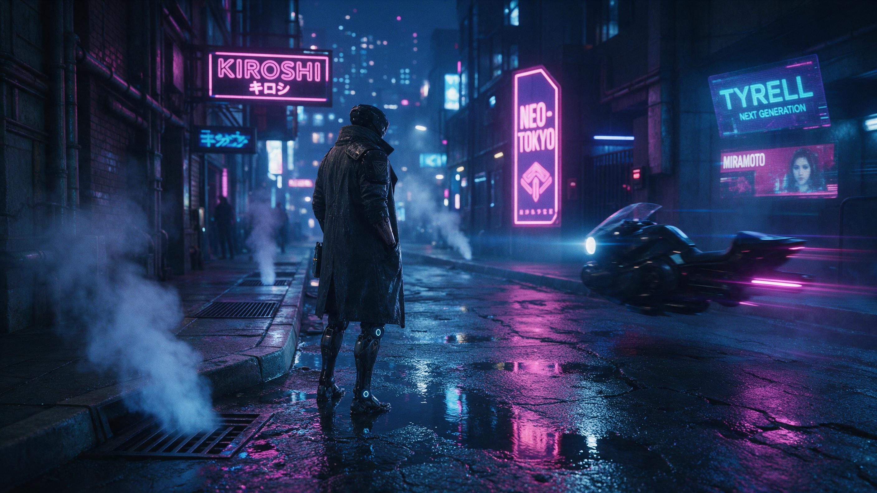 A lone cybernetic wanderer in a rain-soaked neon alley, reflective puddles mirroring holographic ads, steam rising from vents, cinematic wide shot with shallow depth of field, cold blue and magenta tones, slight lens flare and motion blur on passing hoverbike, gritty urban texture