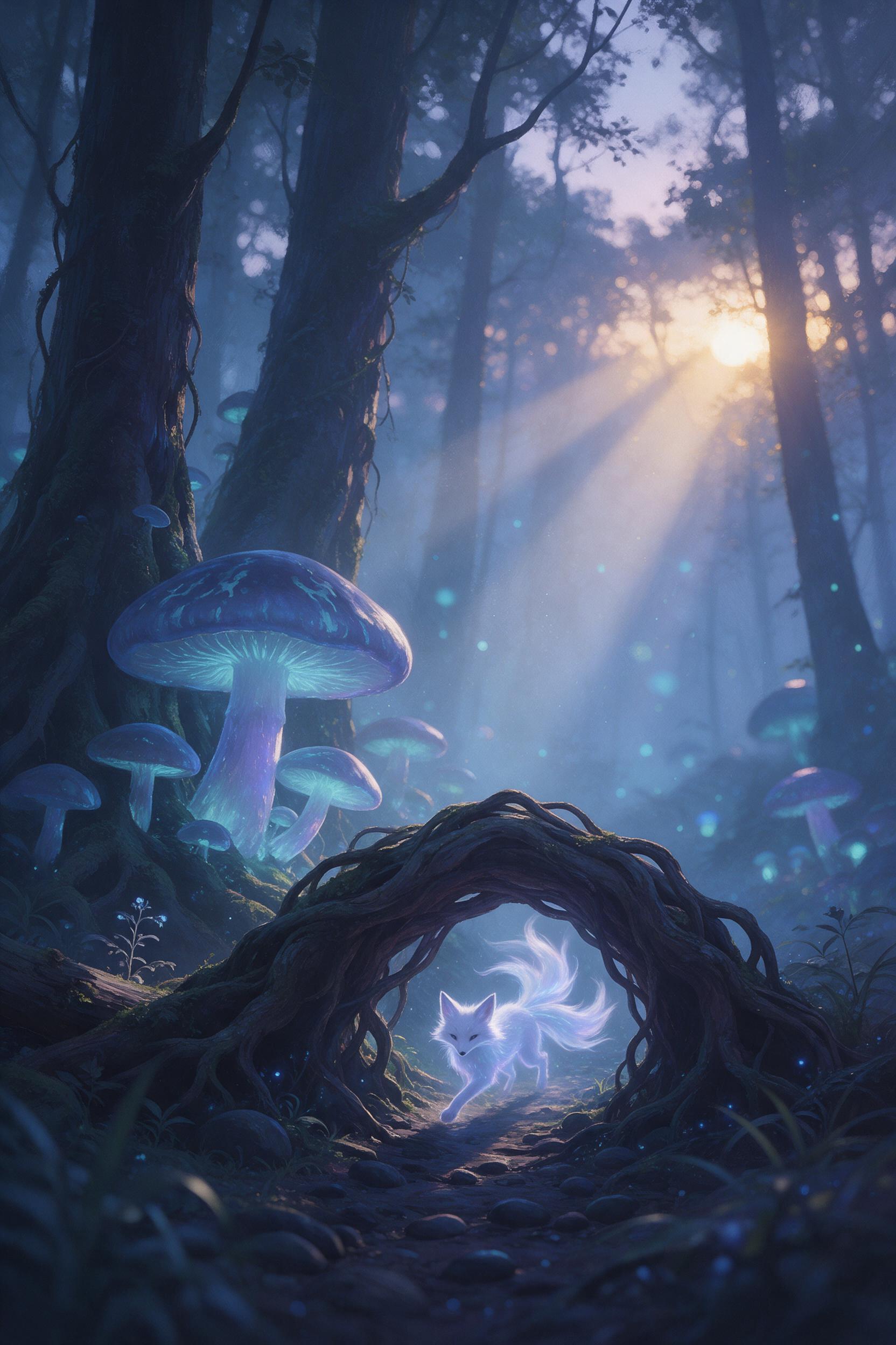 A misty bioluminescent forest at dawn, giant glowing mushrooms casting soft blue-green light, a small spirit fox with ethereal white fur weaving between twisted roots, volumetric god rays breaking through canopy, shallow depth of field, painterly brushstrokes, serene otherworldly atmosphere
