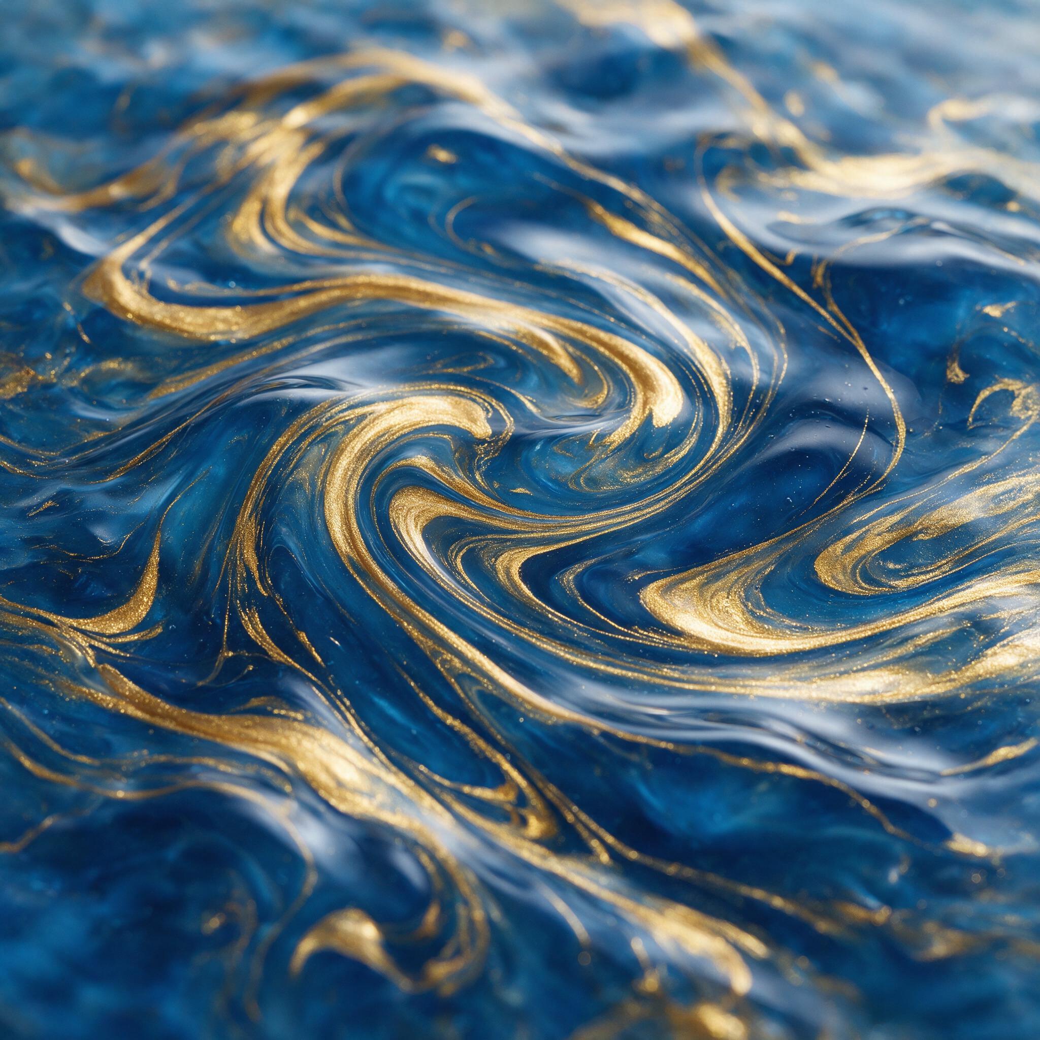 Fluid golden paint swirls through deep blue resin, forming intricate marble-like patterns, soft studio lighting from above, macro lens close-up, shallow depth of field, smooth gradients and organic curves, no text or sharp edges