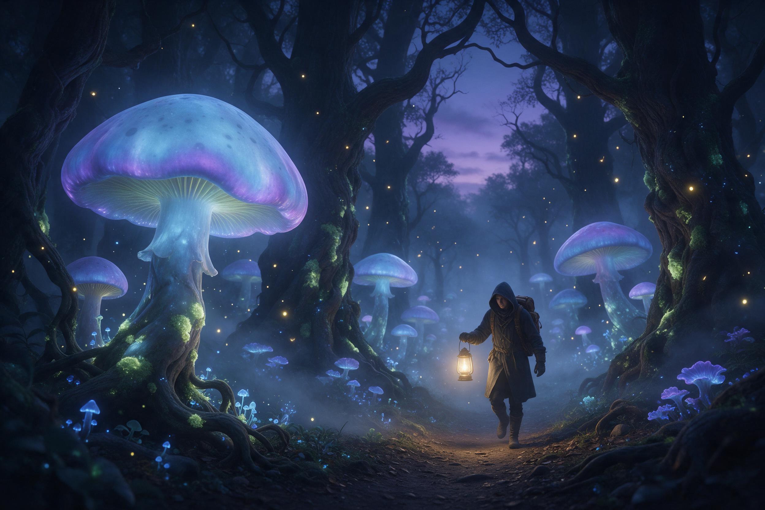A bioluminescent forest at twilight, with giant glowing mushrooms casting soft blue and purple light on a misty path, ancient twisted trees draped in luminous moss, fireflies drifting like living stars, a lone traveler with a lantern approaching, cinematic composition with layered depth, gentle fog 