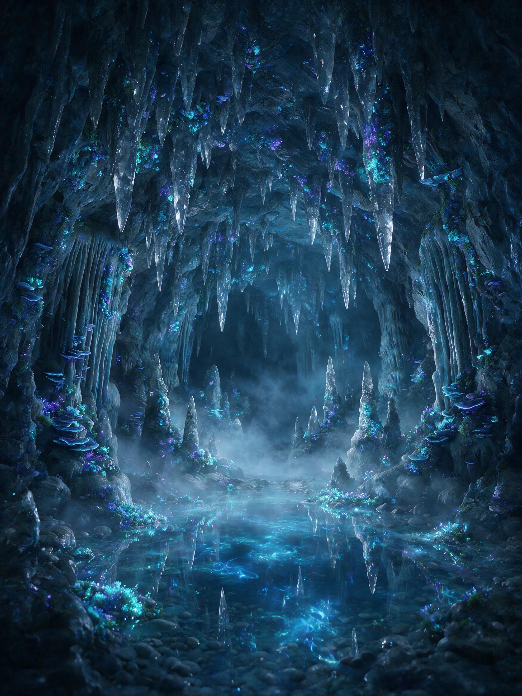 A luminous crystal cave deep underground, bioluminescent moss and fungi casting soft blue and purple light on stalactites, a small pool of glowing water reflects the cavern ceiling, mystical atmosphere, soft mist, foggy depth, smooth textures, tranquil mood, no harsh shadows or overexposure