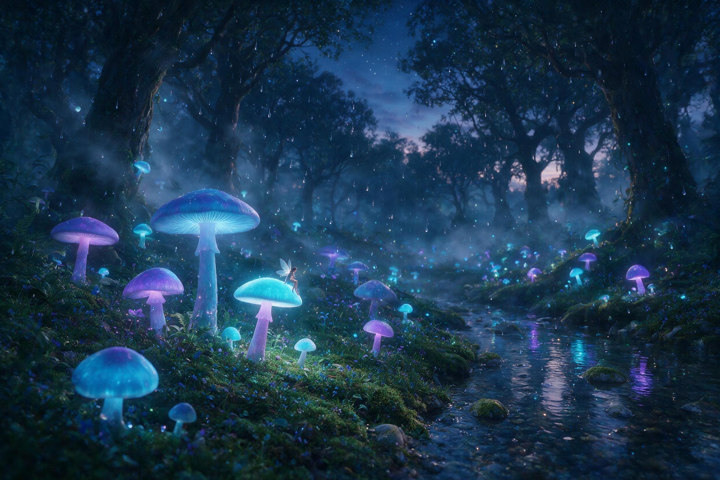 A bioluminescent forest at twilight, where massive glowing mushrooms cast soft blue and violet light on mossy ground, a tiny fairy with translucent wings perched on a toadstool, mist weaving between ancient gnarled trees, gentle rain droplets sparkling like diamonds in the air, a shallow stream refl