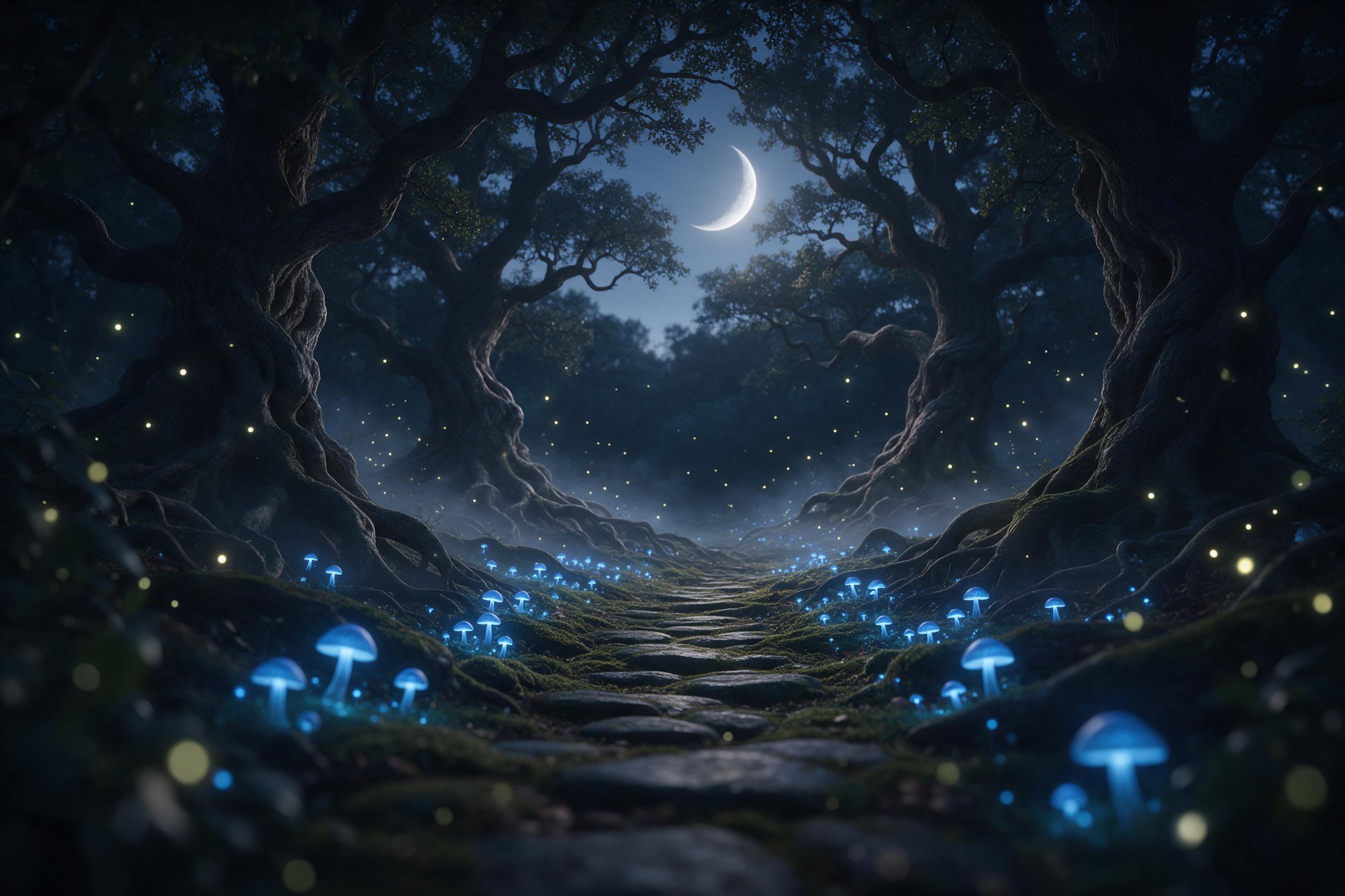 A mystical forest clearing at twilight, where glowing blue mushrooms line a mossy stone path, fireflies drift like floating lanterns, and a crescent moon casts silver light through twisted ancient oaks. The scene is dreamlike, with soft mist weaving between roots, gentle bokeh in the foreground, and