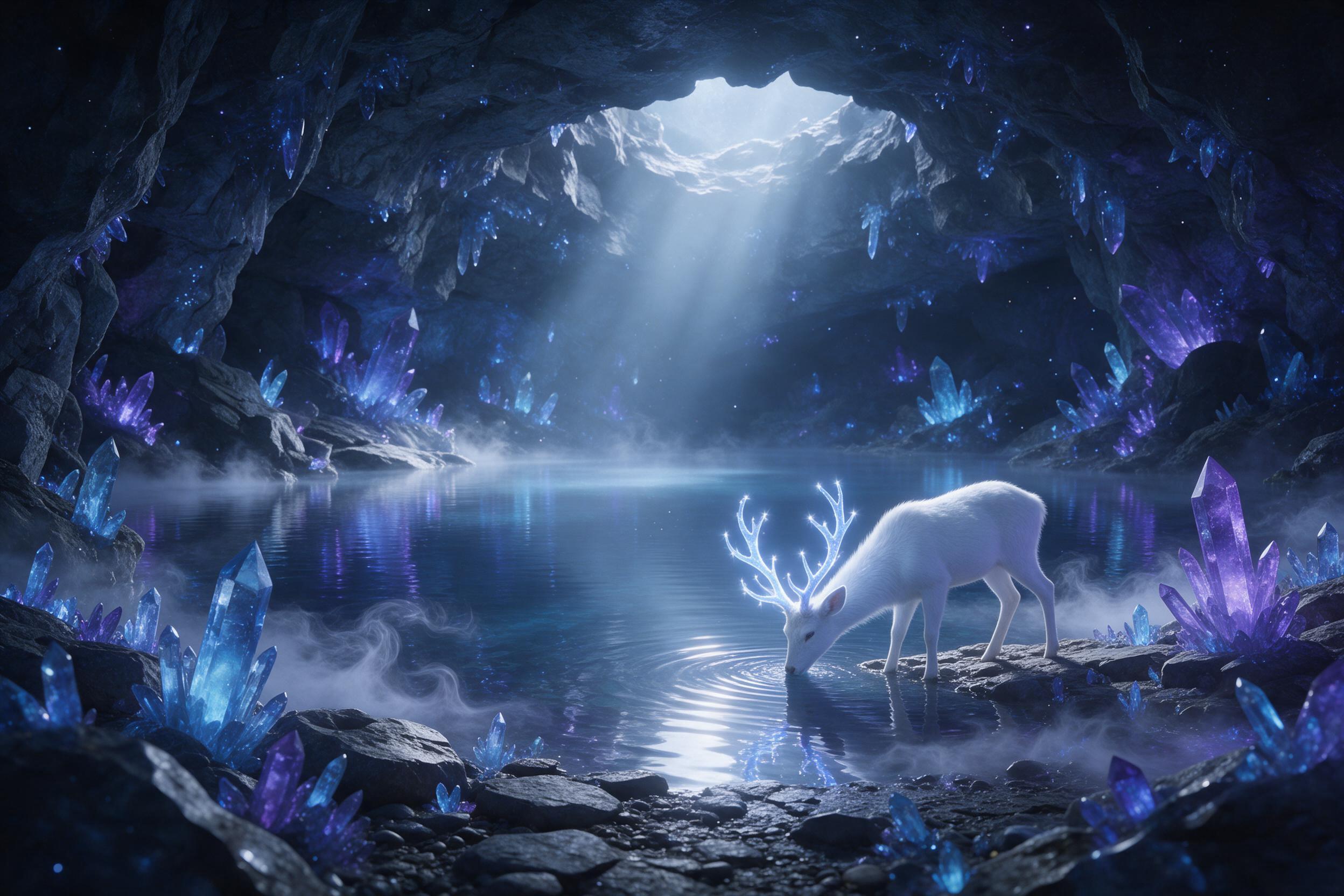 A moonlit crystal cavern, bioluminescent blue and purple crystals jutting from the rocky walls, a clear underground lake reflecting the ceiling, wispy silver mist curling above the water, a lone white deer with glowing antlers drinking at the edge, soft volumetric moonlight filtering from a fissure 