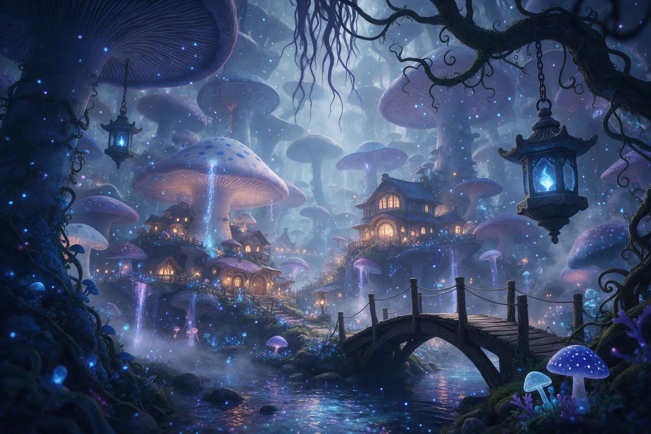 A hidden fairy village nestled in a giant mushroom forest, glowing blue and purple spores floating in the air, a crystal-clear stream reflecting the soft bioluminescent light, ancient stone lanterns hanging from twisted branches, ethereal mist swirling between the giant caps, a small wooden bridge c