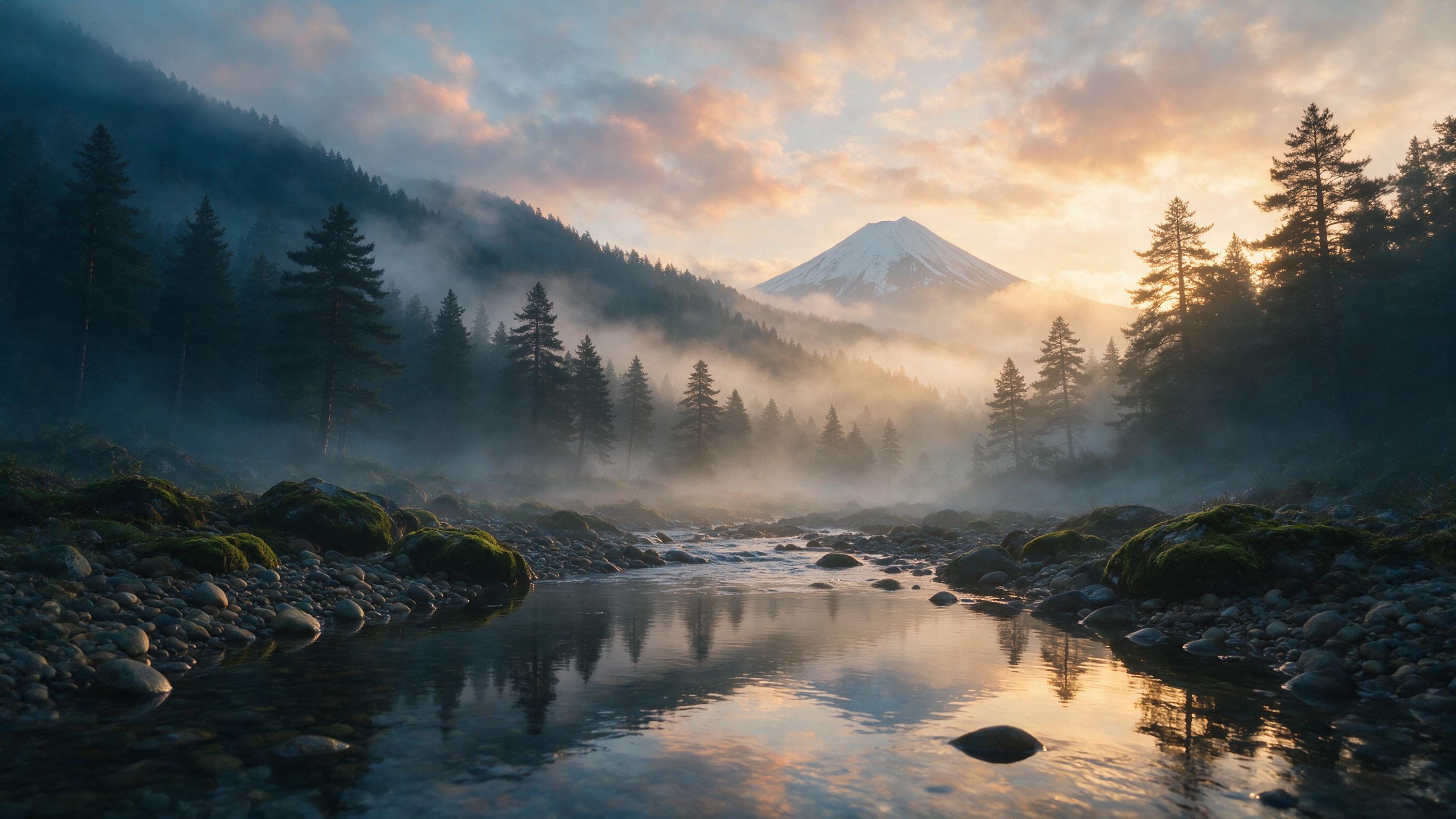 A misty mountain valley at dawn, soft golden light piercing through fog, pine trees silhouetted in layers, stream winding through the foreground, pebbles and moss on the banks, calm reflective water, Fuji-like peak in distance, painterly clouds, cool blues and warm oranges, natural lighting, slight 