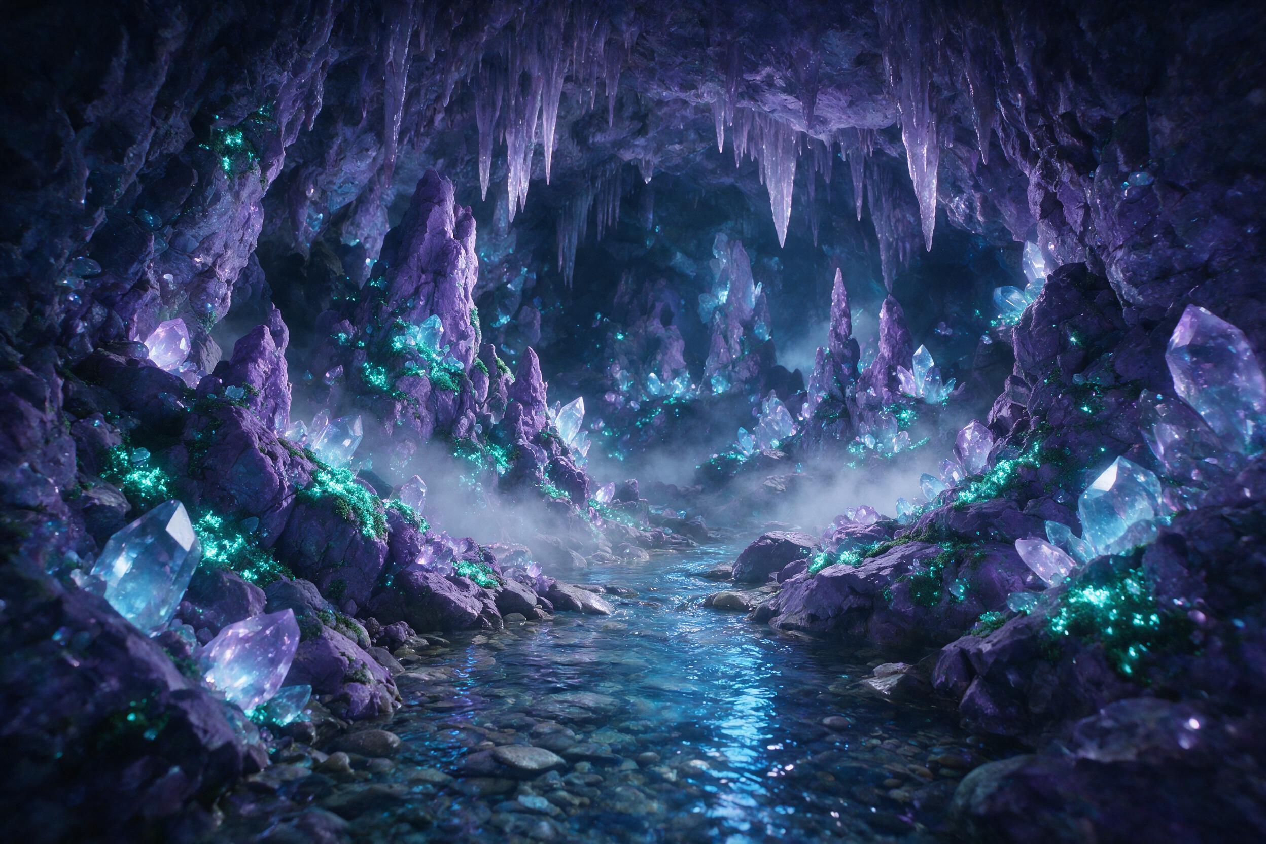 A glowing crystal cavern deep underground, bioluminescent moss clinging to jagged purple rocks, a small stream reflecting soft blue light, mist floating in the air, slight camera shake, natural lighting from the crystals, no humans or animals