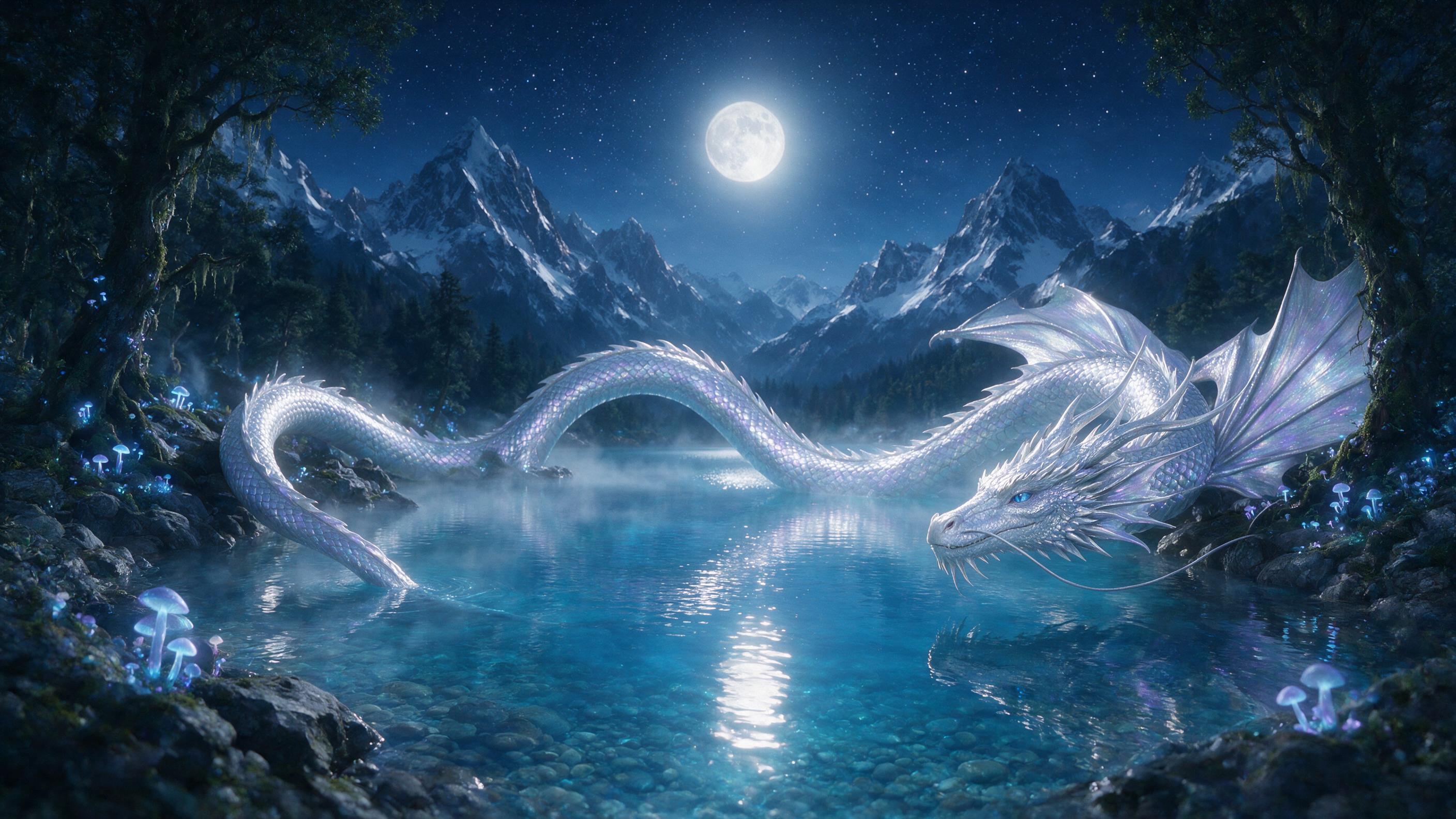 A luminous silver dragon curls around a crystal-clear mountain lake under a deep indigo night sky, with bioluminescent mushrooms glowing softly along the rocky shore, mist rising from the water, moonlight casting a gentle reflection, ethereal atmosphere, natural lighting, slight grain, shallow depth