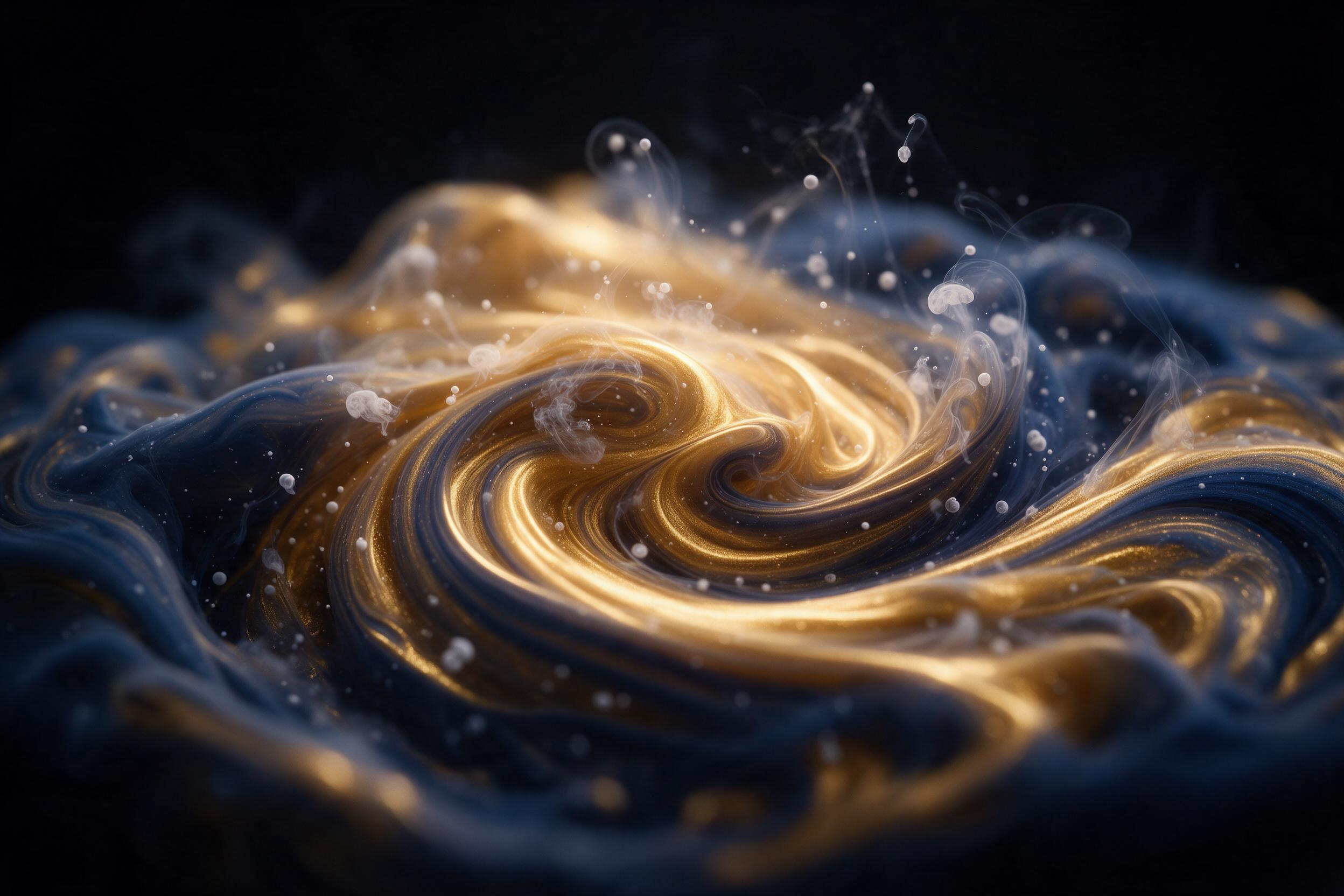 Molten gold and deep indigo fluid acrylic swirling in macro detail, with delicate white bubbles and smoke wisps frozen mid-motion, backlit by a single warm spotlight against black background, smooth silky texture, shallow depth of field with blurred edges, elegant and minimal, no text, no watermark