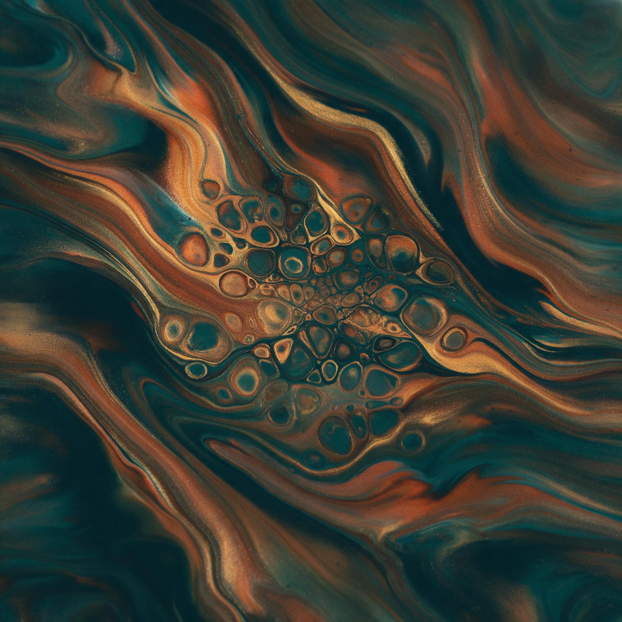 Fluid acrylic pour in deep teal, molten gold, and rust orange, swirling like lava meeting ocean. Macro detail of cell-like formations, glossy wet surface catching warm side light, shadow pooling in crevices. Composition centered, negative space at edges, texture emphasized, no text or hands, subtle 