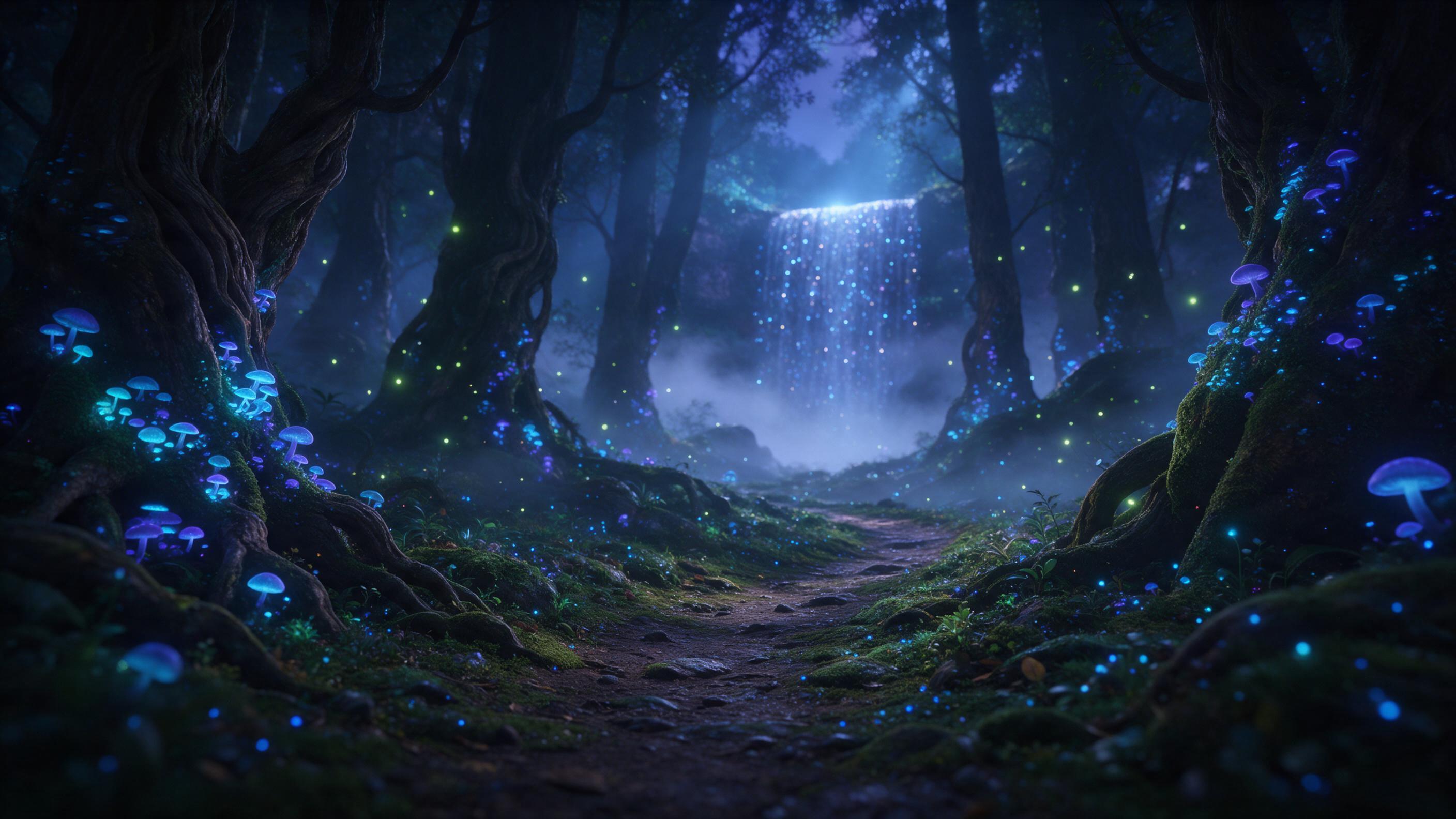 A bioluminescent forest at twilight, ancient gnarled trees with glowing blue and purple fungi, a winding mossy path leading to a distant shimmering waterfall, fireflies drifting in the damp air, soft mist rolling low, ethereal light rays breaking through the canopy, cinematic composition with a low 