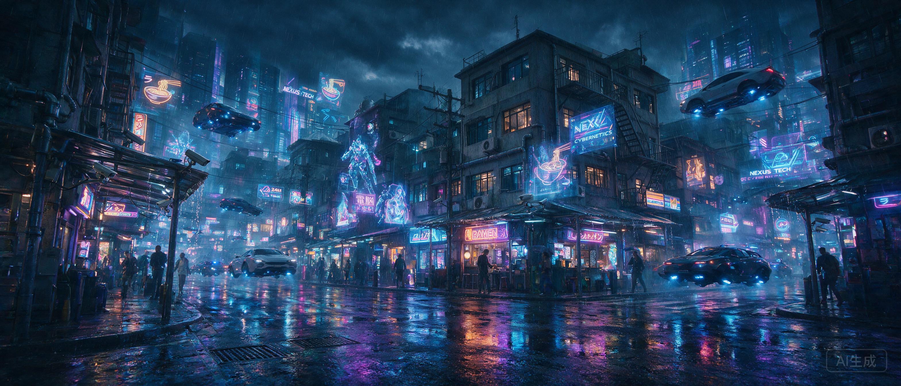 Cyberpunk city street at night, neon reflections on wet pavement, flying cars, holographic billboards, rain, volumetric lighting