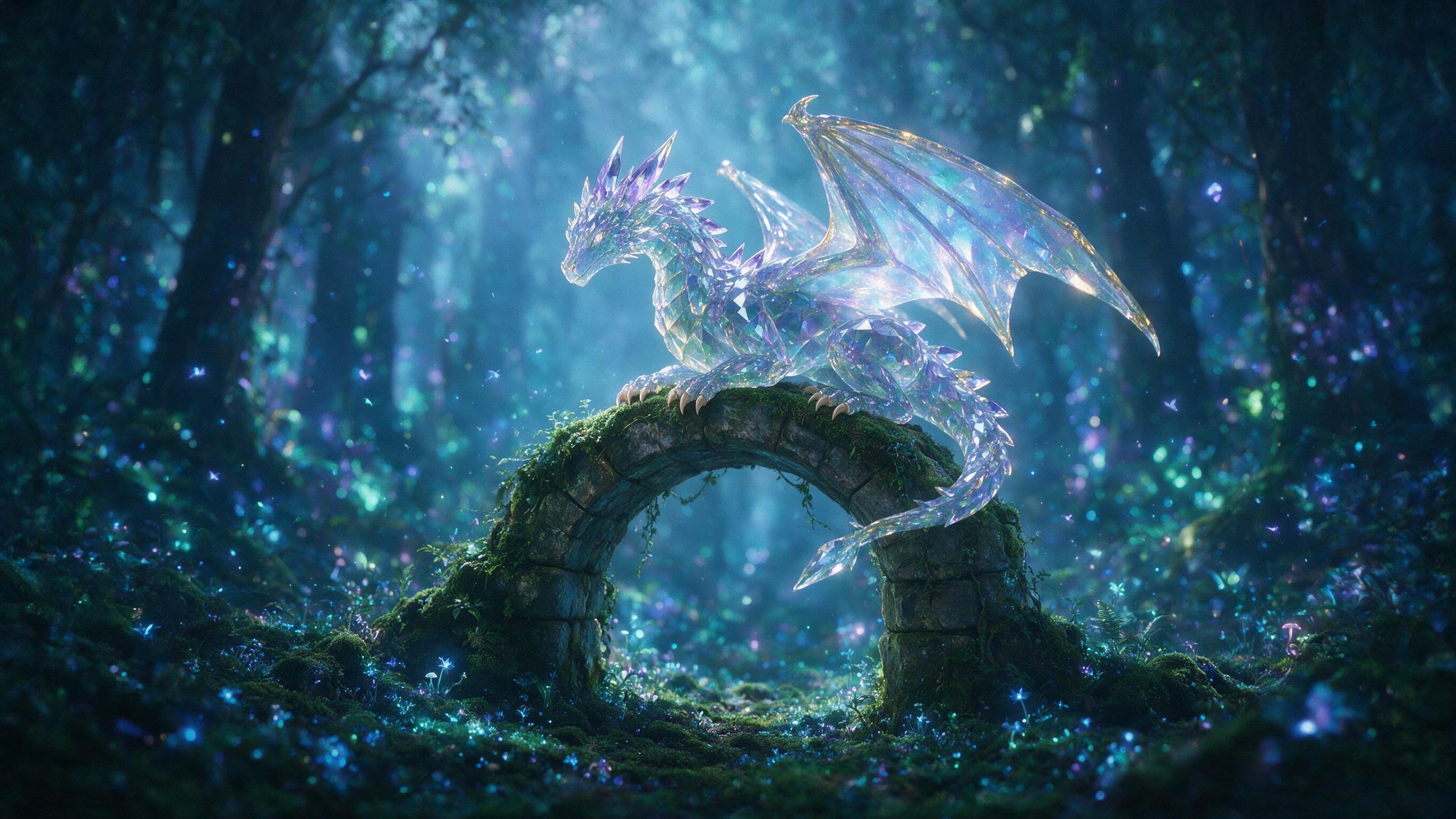 A glowing crystal dragon resting on a moss-covered stone arch in a bioluminescent forest, soft blue and purple light filtering through mist, shallow depth of field, ethereal atmosphere, slight grain, no visible humans