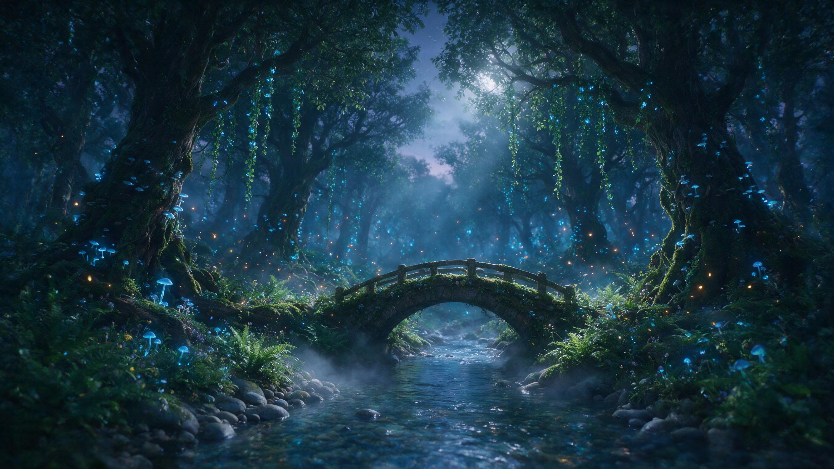 Ethereal forest at twilight, ancient trees with glowing blue mushrooms, bioluminescent vines hanging from branches, a small stone bridge over a crystal-clear stream, mist rising from the water, soft moonlight filtering through the canopy, slight camera shake adding a dreamy quality, warm amber firef