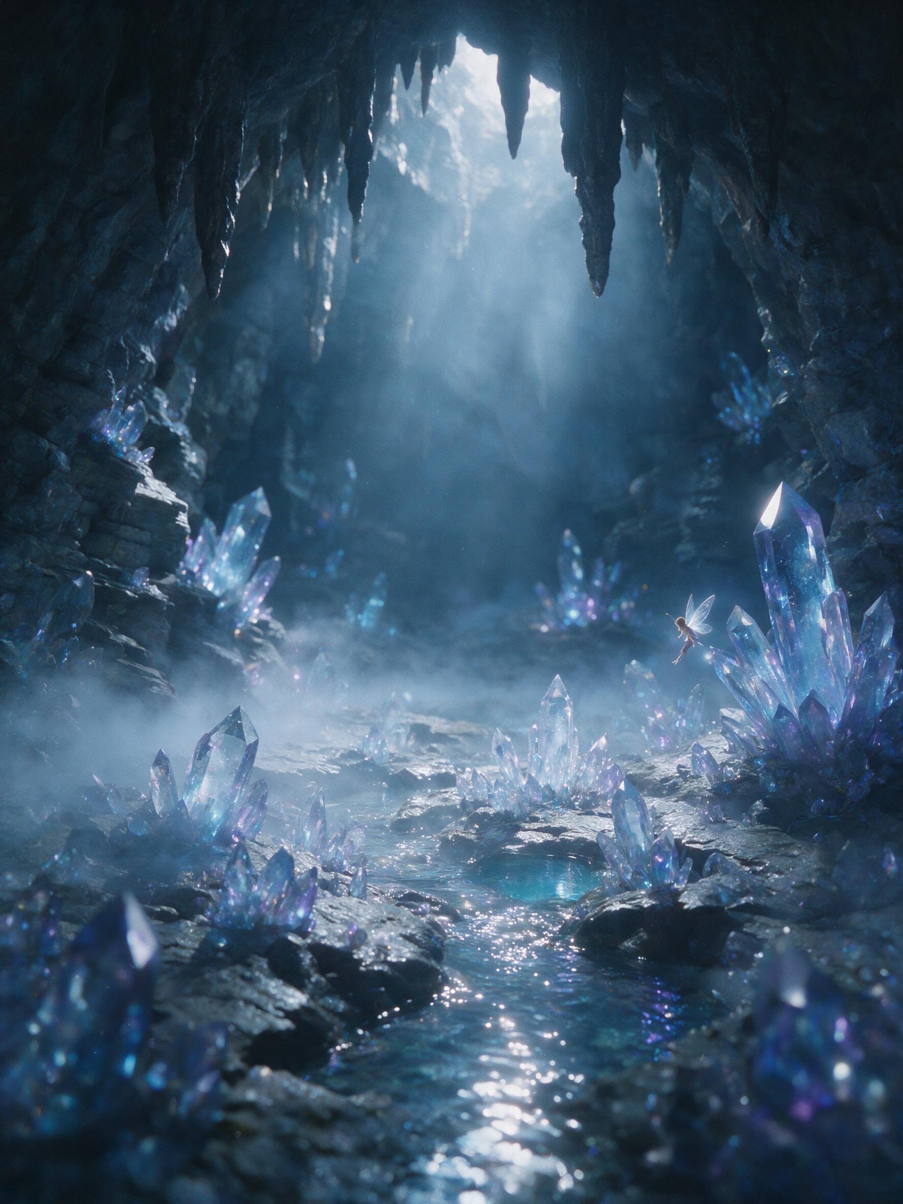 A moonlit crystal cavern, glowing blue and violet crystals jutting from wet stone floor, a small stream reflecting the light, thin mist, single fairy with translucent wings hovering near a crystal, soft volumetric light rays, shallow depth of field, ethereal atmosphere, muted colors, slight film gra