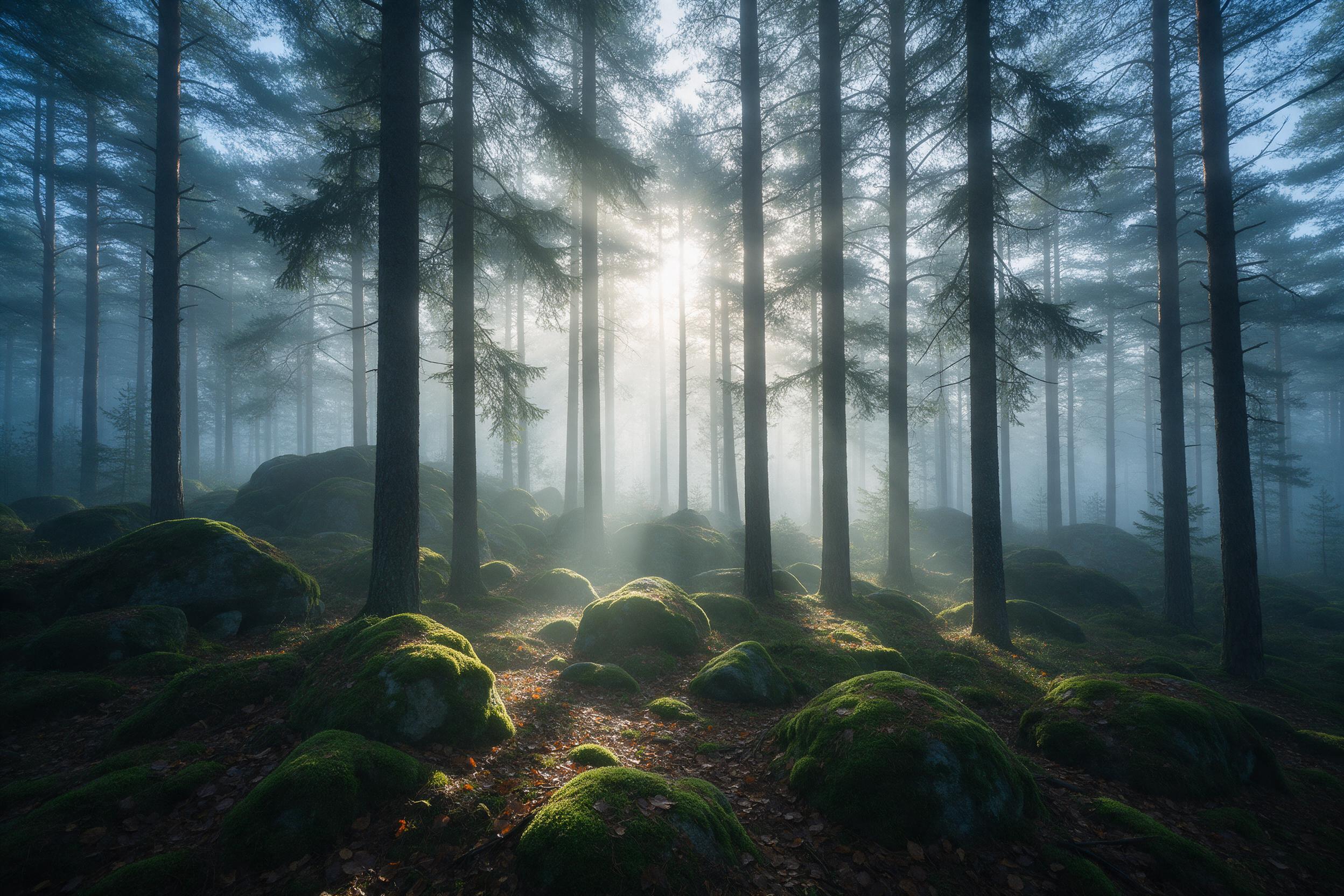 Misty pine forest at dawn, sunlight piercing through fog between tall evergreen trunks, soft beams illuminating moss-covered rocks and fallen leaves, gentle blue and green color palette, tranquil atmosphere, wide-angle composition with sense of depth.