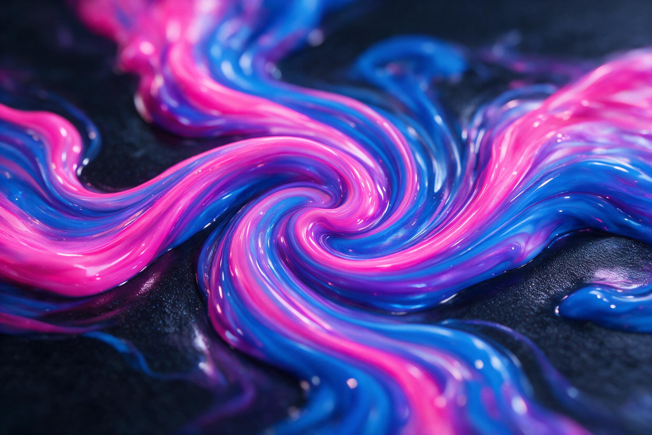 Swirling streams of neon pink and electric blue fluid paint intertwine on a dark matte surface, subtle glossy reflections, soft diffused overhead lighting, macro shot with shallow depth of field, smooth gradient transitions, no hard edges or text