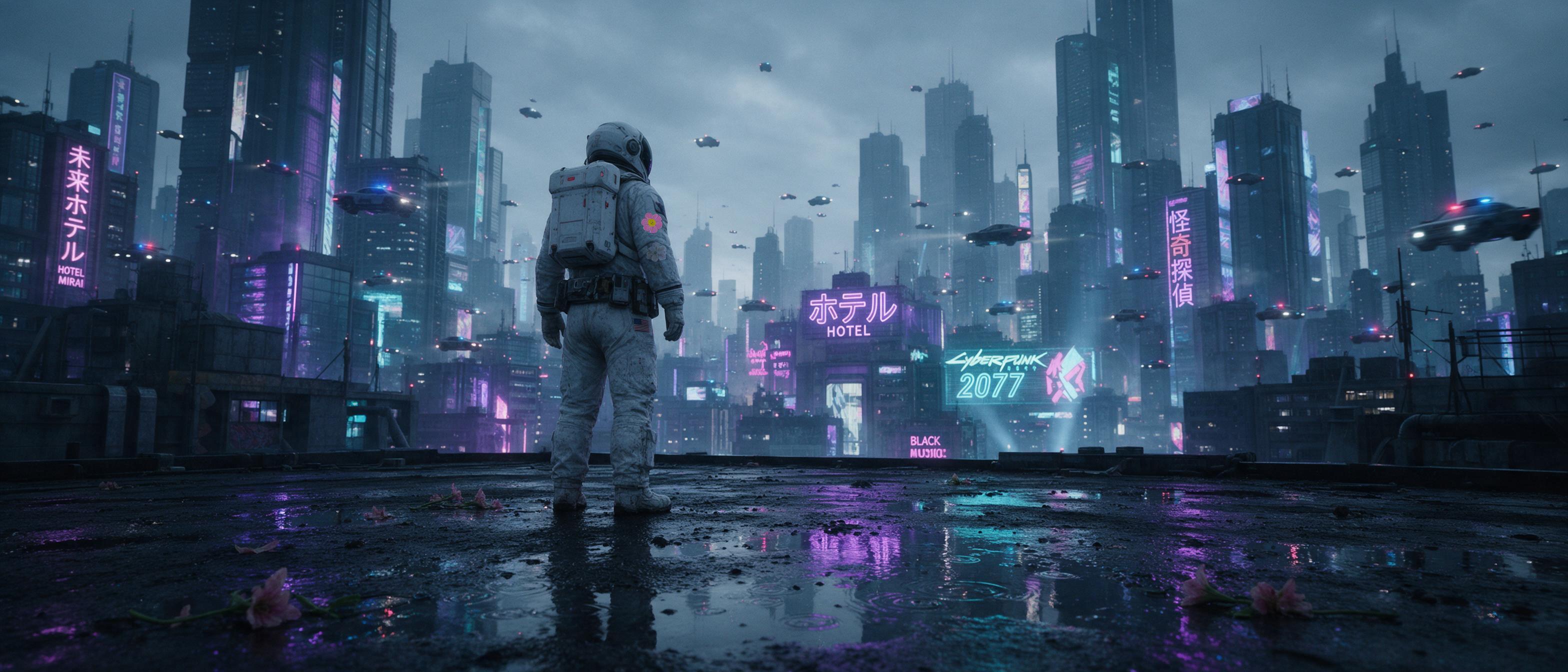 A lone astronaut stands on a rain-soaked cyberpunk rooftop, neon signs in purple and cyan reflecting in puddles, distant flying vehicles streak past towering glass spires, atmospheric haze, cinematic wide shot with deep perspective, moody lighting.