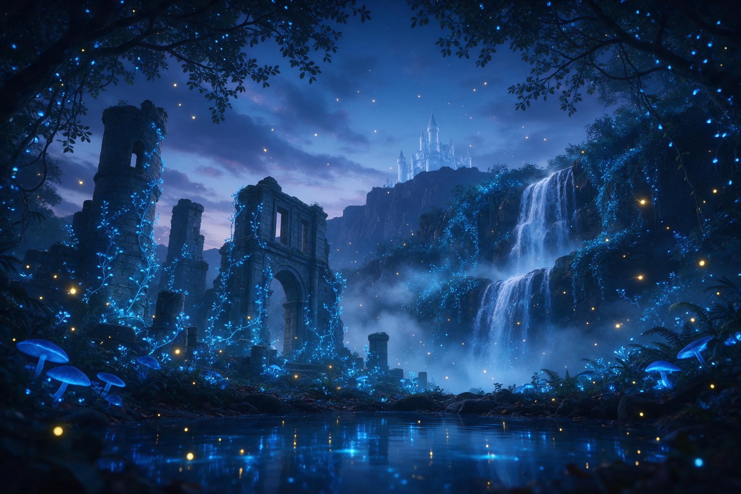 A secluded waterfall in a bioluminescent jungle at twilight, mist curling around ancient stone ruins overgrown with glowing blue vines. Fireflies drift like sparks, their light reflecting in still pools. Composition: low-angle looking up, hinting at a faint, silver castle atop distant cliffs. Soft, 