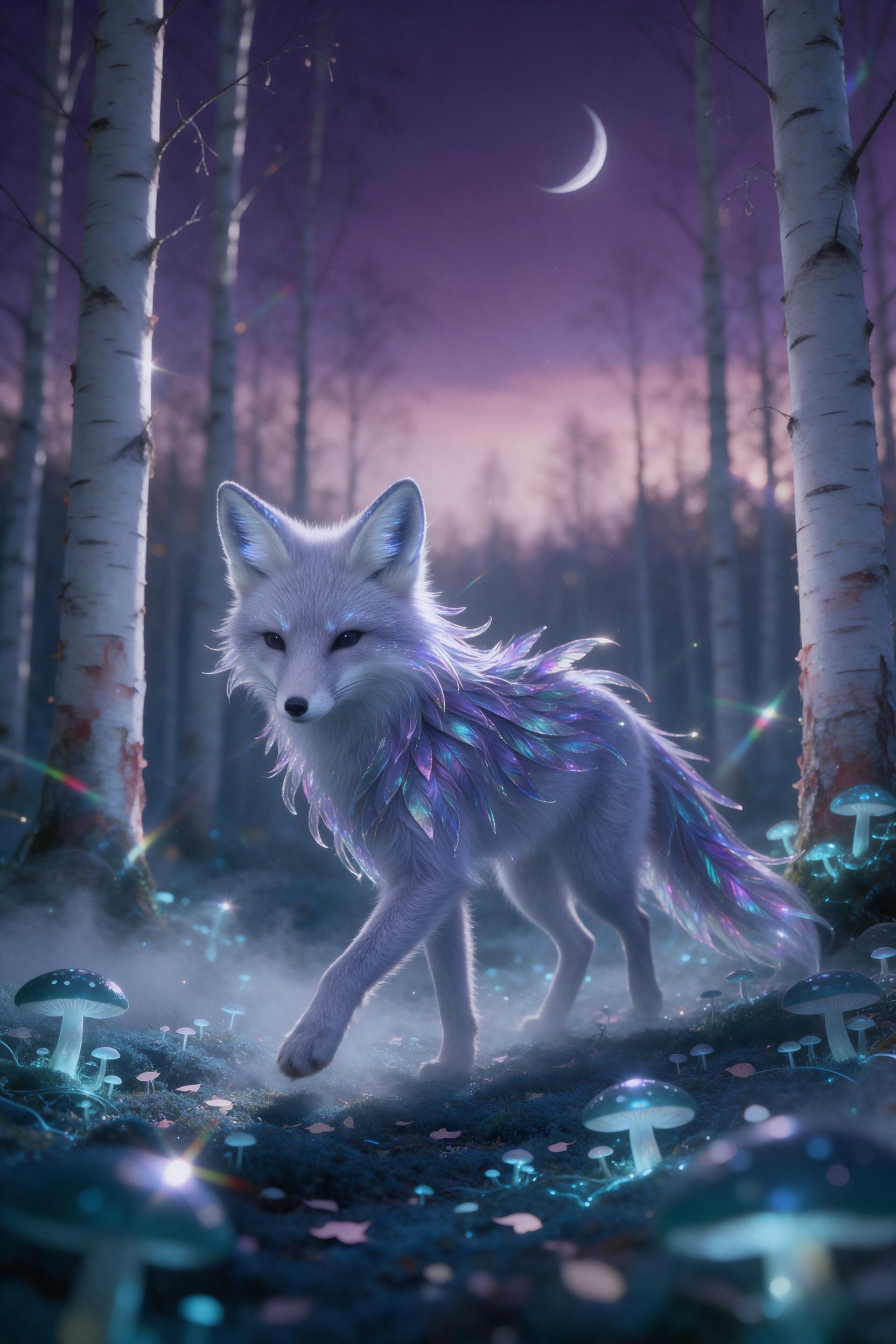 A celestial fox with iridescent feathers walking through a glowing birch forest at twilight, silver mist swirling around its paws, bioluminescent mushrooms casting teal light, a subtle crescent moon in the deep plum sky, medium close-up, shallow depth of field, lens flare, muted cool tones.