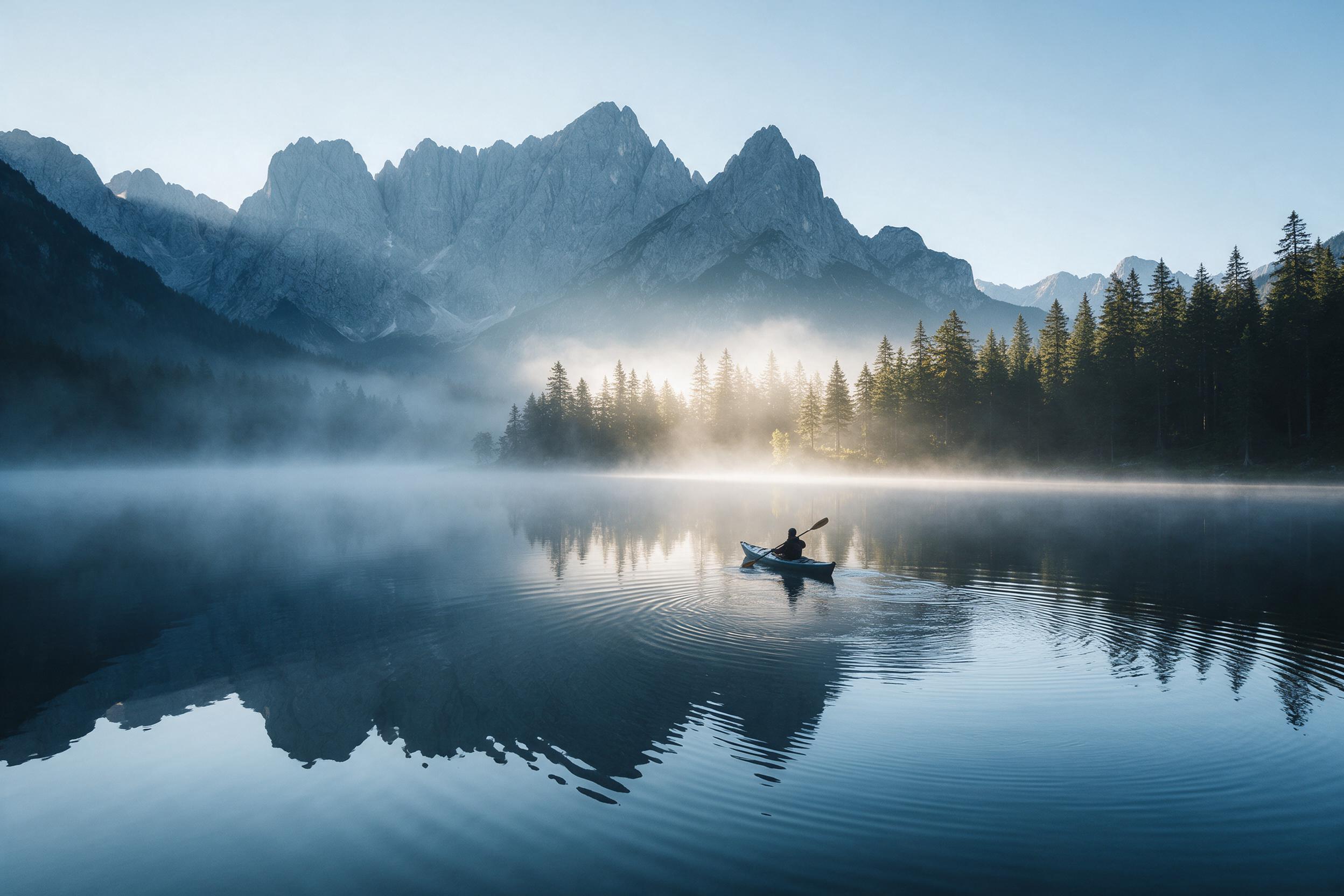 Misty alpine lake at dawn, glassy water reflecting jagged granite peaks, soft golden sunlight breaking through pine forest, gentle ripples from a lone kayak, cool blue tones with warm highlights, tranquil atmospheric perspective