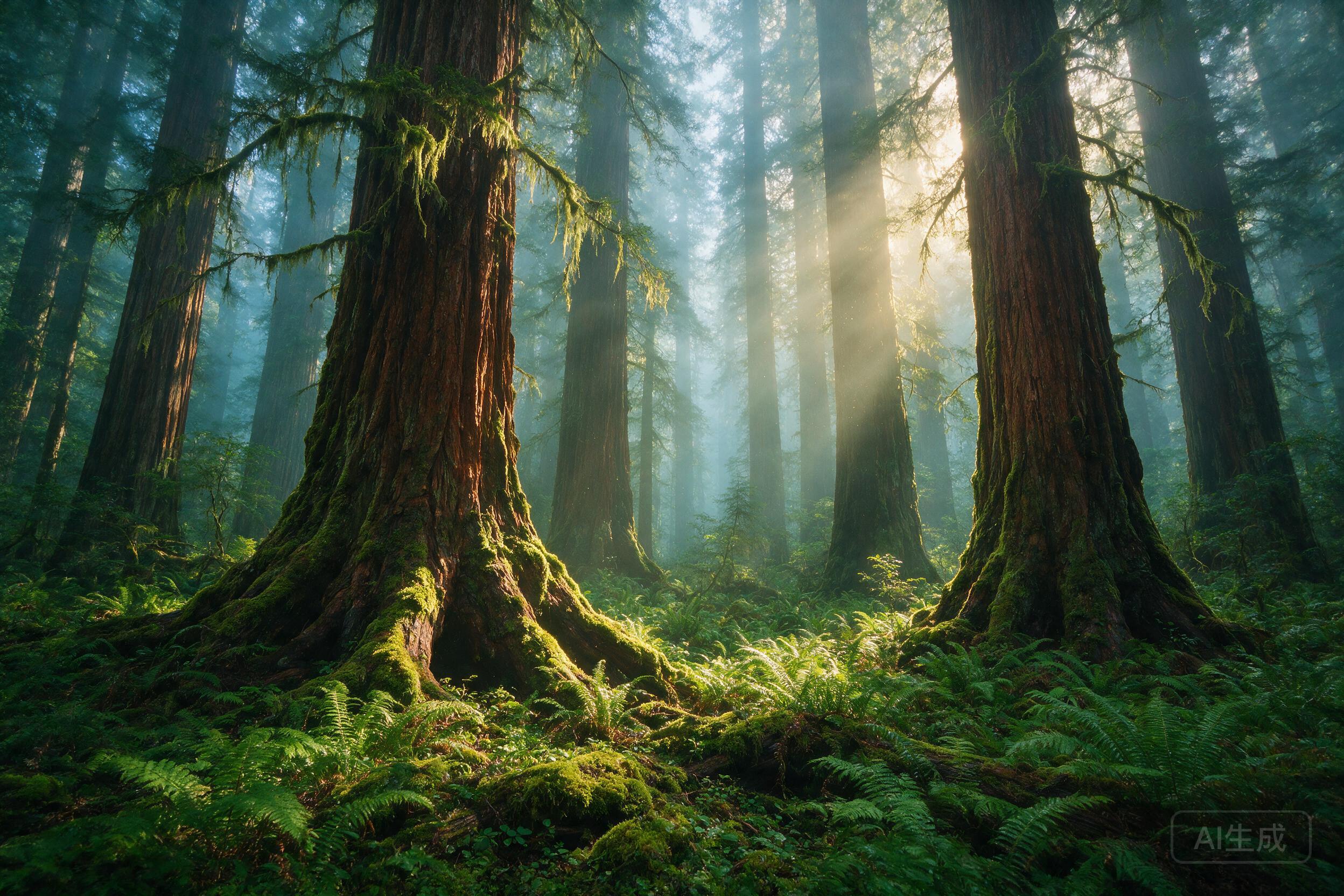 Misty ancient forest with towering redwoods, rays of light breaking through the canopy, ferns and moss covering the ground