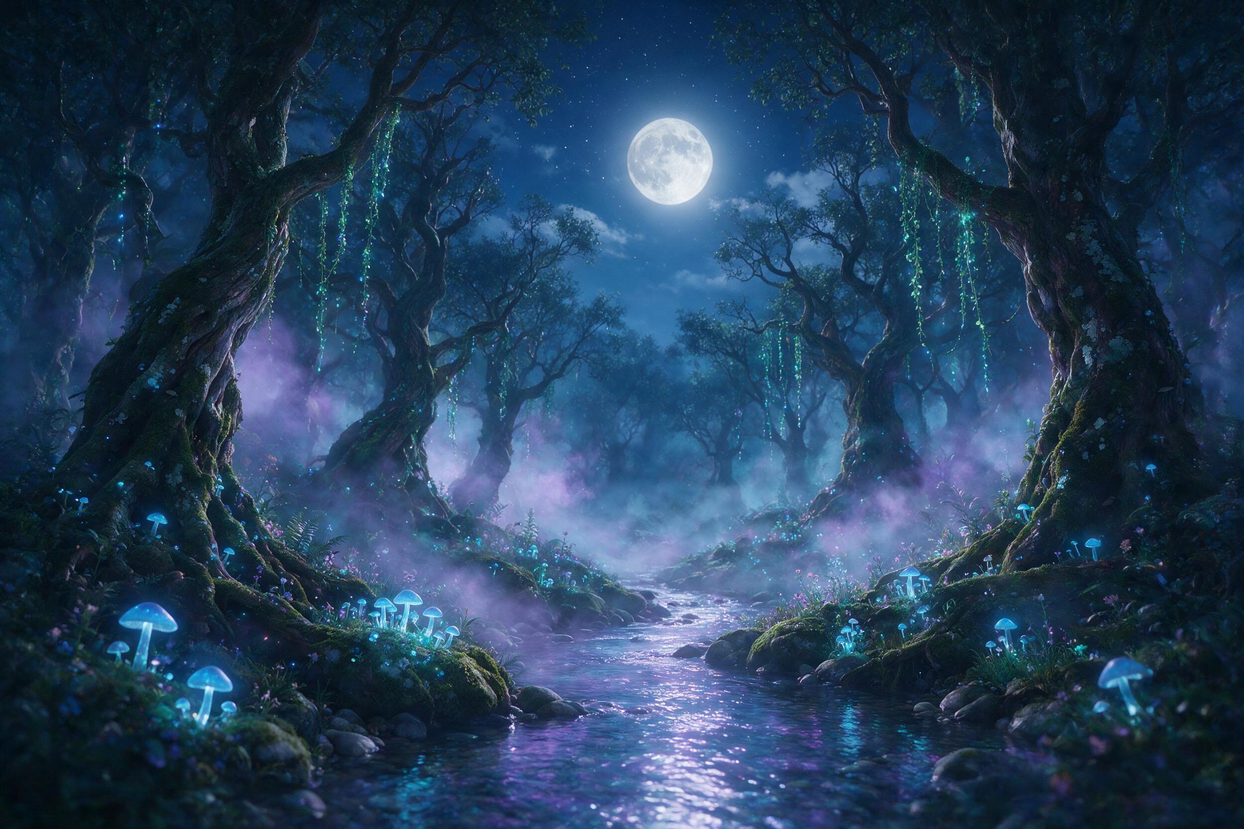 A luminous moonlit forest with bioluminescent blue mushrooms and glowing vines, a gentle stream reflecting purple and teal light, mist drifting between ancient trees, soft magical atmosphere, slight camera blur for dreamy effect, no harsh shadows
