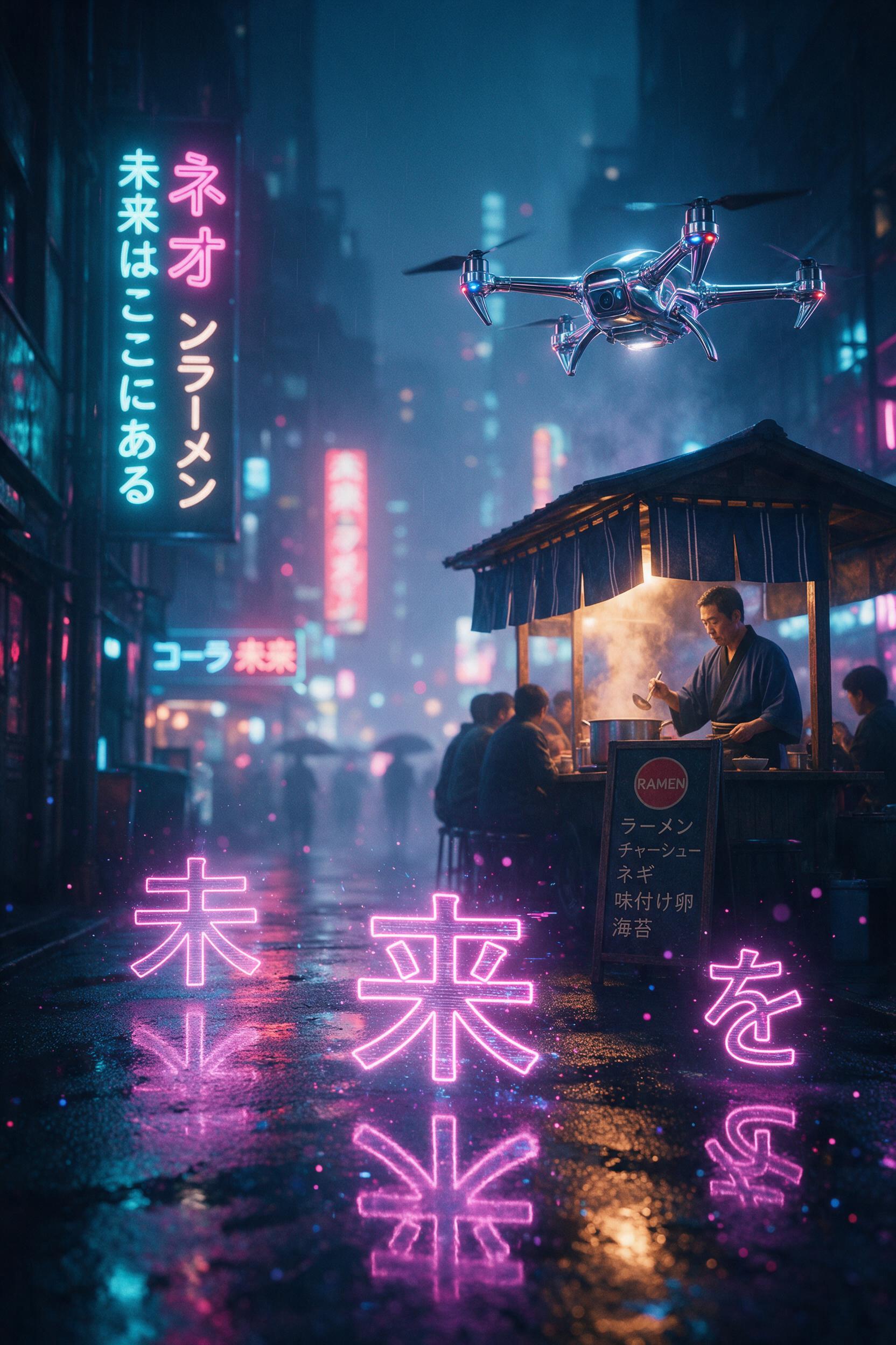 A rain-slicked neon alley in a cyberpunk city, holographic kanji flickering on wet pavement, chrome-plated drone hovering above a steaming ramen stall, moody cyan and magenta rim lighting, shallow depth of field, cinematic composition with leading lines into the foggy distance
