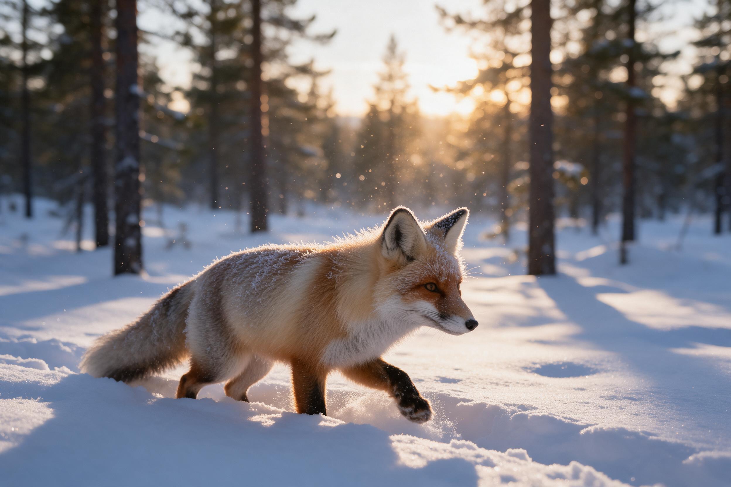 A red fox in winter, fur rimmed with frost, stepping through deep snow in a pine forest at dawn. Low golden sunlight filters through trees, casting long shadows. Snow particles glitter in the air. Composition: fox in lower third, space above for sky, shallow depth of field with bokeh pines.