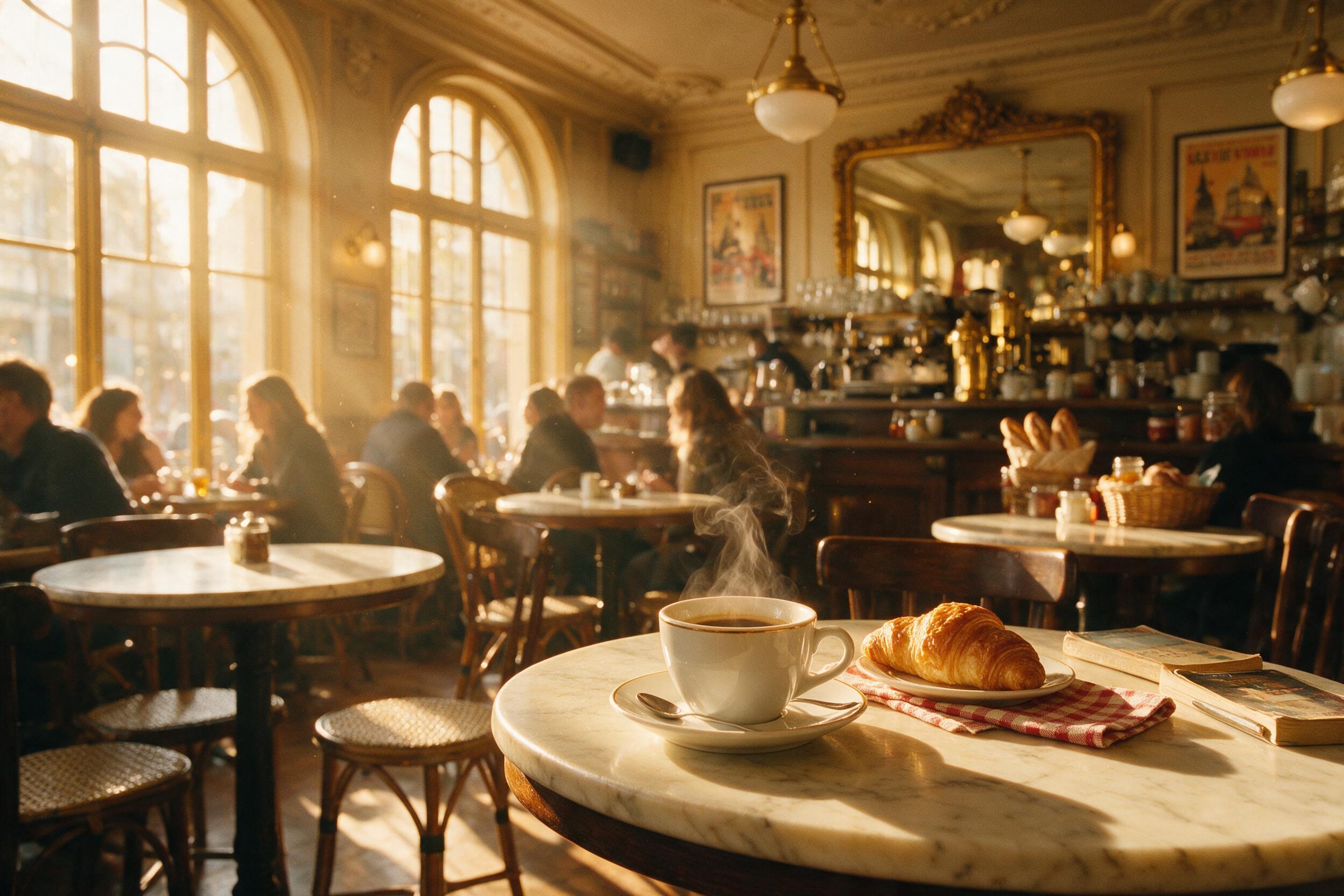 A cozy Parisian café interior at golden hour, warm amber light streaming through tall windows, a steaming espresso cup on a marble table, soft focus background with blurred patrons, 35mm film grain, slight lens flare, natural sunlight