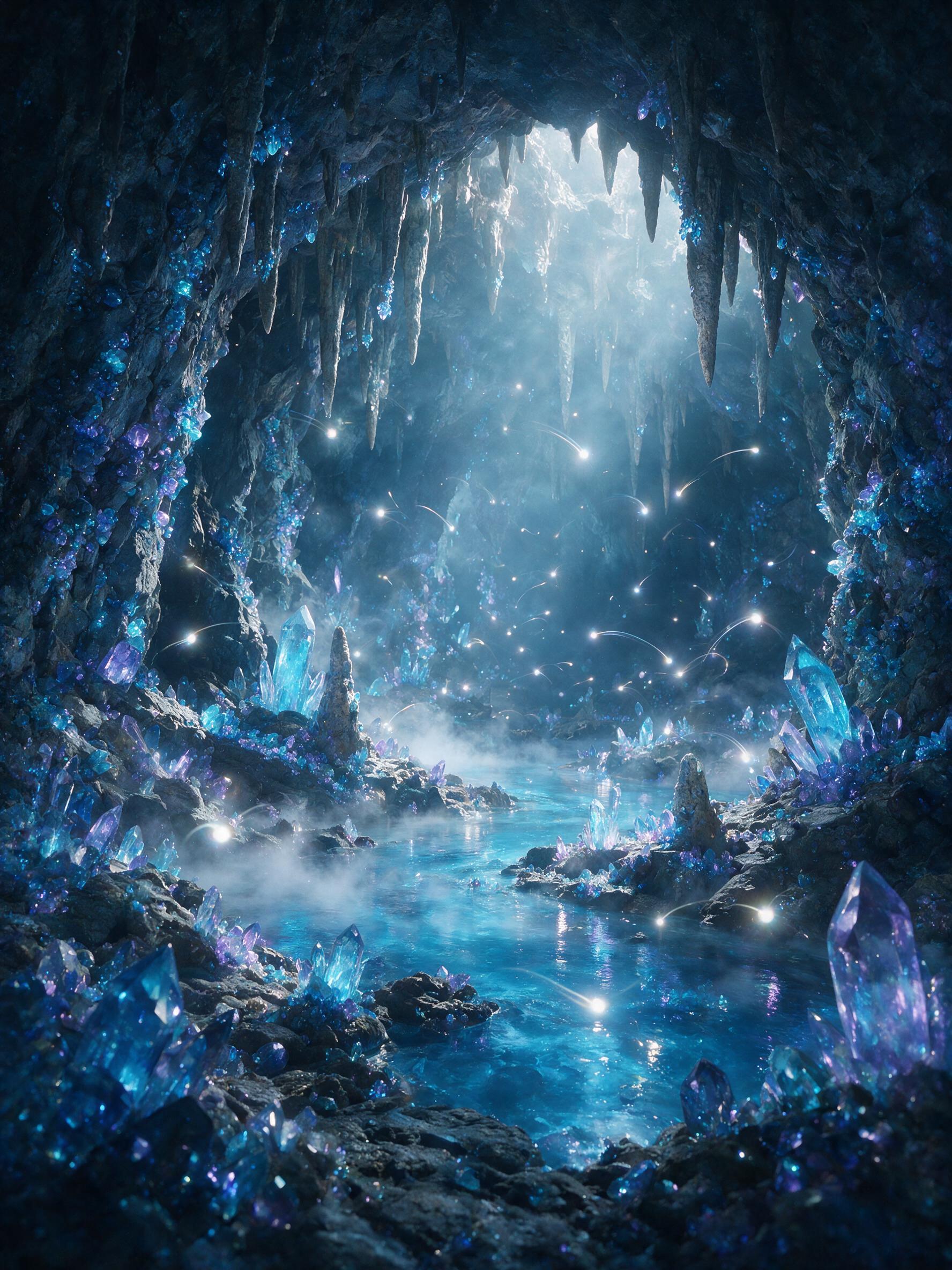 A luminous crystal cave deep underground, glowing blue and purple gems embedded in rough stone walls, soft mist rising from an underground river, ethereal light rays piercing through stalactites, slow shutter speed creating light trails from hovering glowing orbs, mysterious atmosphere.