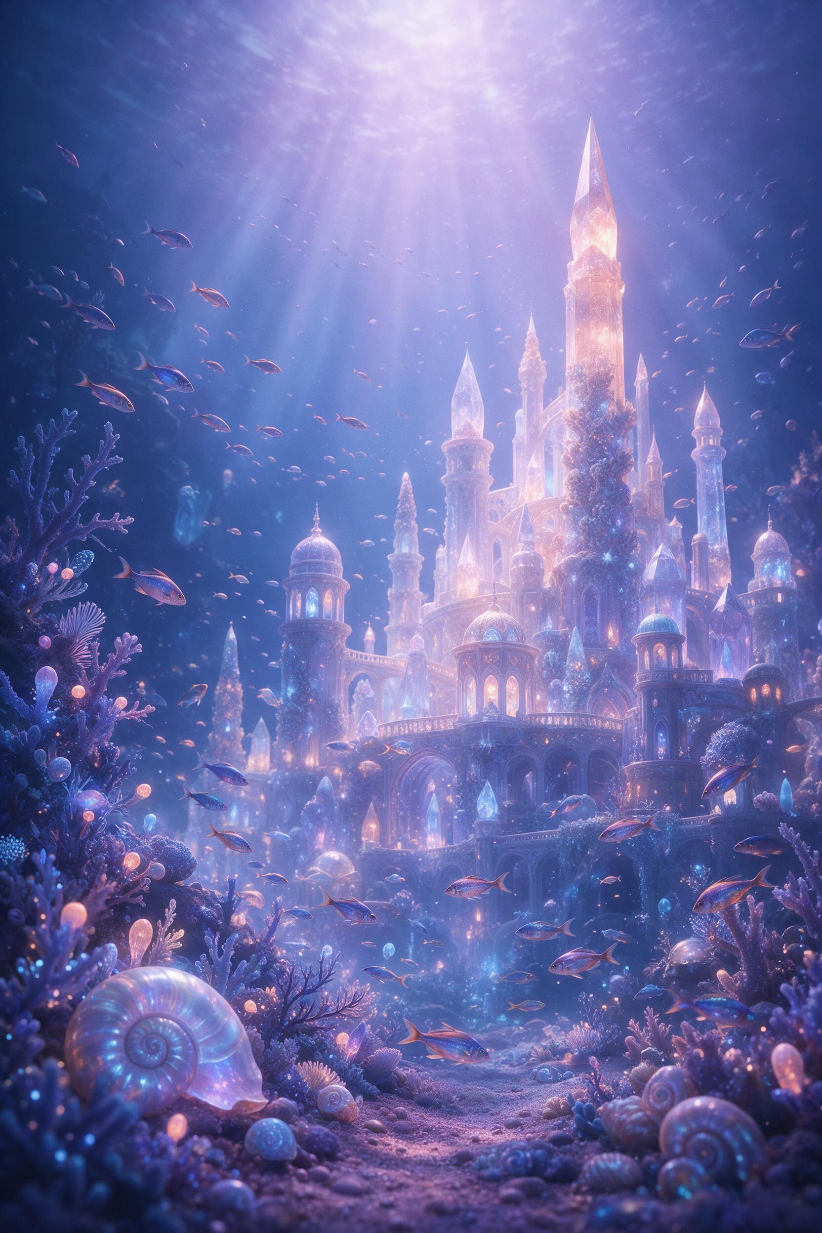 A sunken crystal city beneath a bioluminescent ocean, where glowing spires and coral-like towers emerge from the deep, light rays filtering through the water, schools of iridescent fish swirling around, dreamlike and ethereal, soft volumetric lighting, gentle blue and violet tones, low-angle perspec