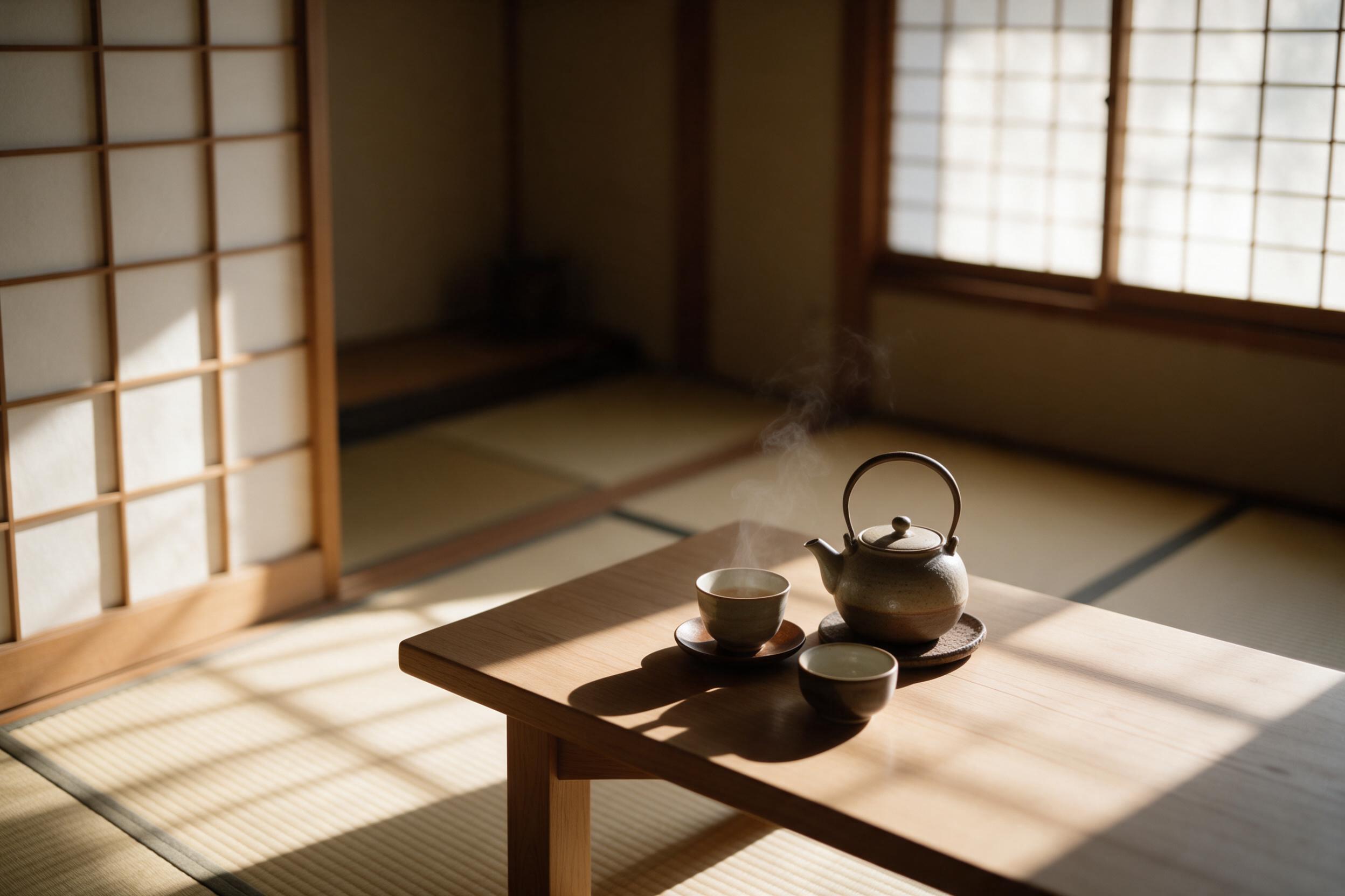 A minimalist interior of a traditional Japanese tea house, warm afternoon sunlight filtering through shoji screens, casting soft rice-paper shadows on tatami mats. A low wooden table holds a ceramic tea set with steam rising. Subtle grain, natural lighting, shallow depth of field.
