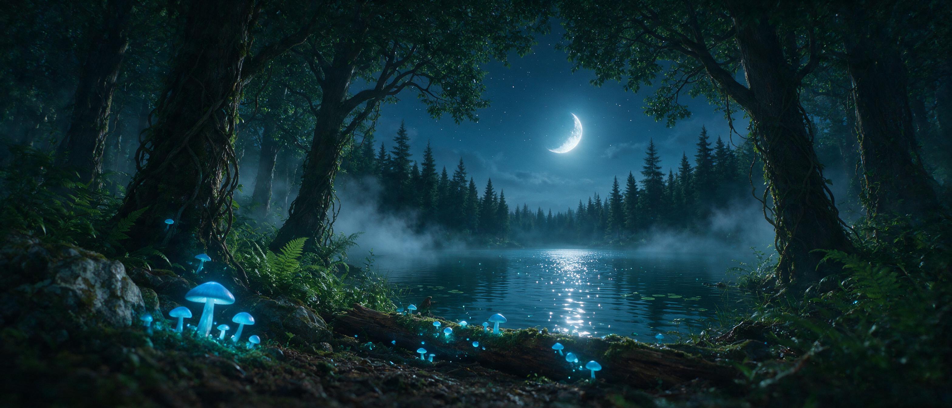 A luminous moonlit lake in a hidden forest, glowing blue mushrooms scattered on the shore, mist rising gently, ethereal light from a crescent moon reflecting on the water, soft diffused lighting, slight haze, mysterious atmosphere, cinematic composition with a low angle view
