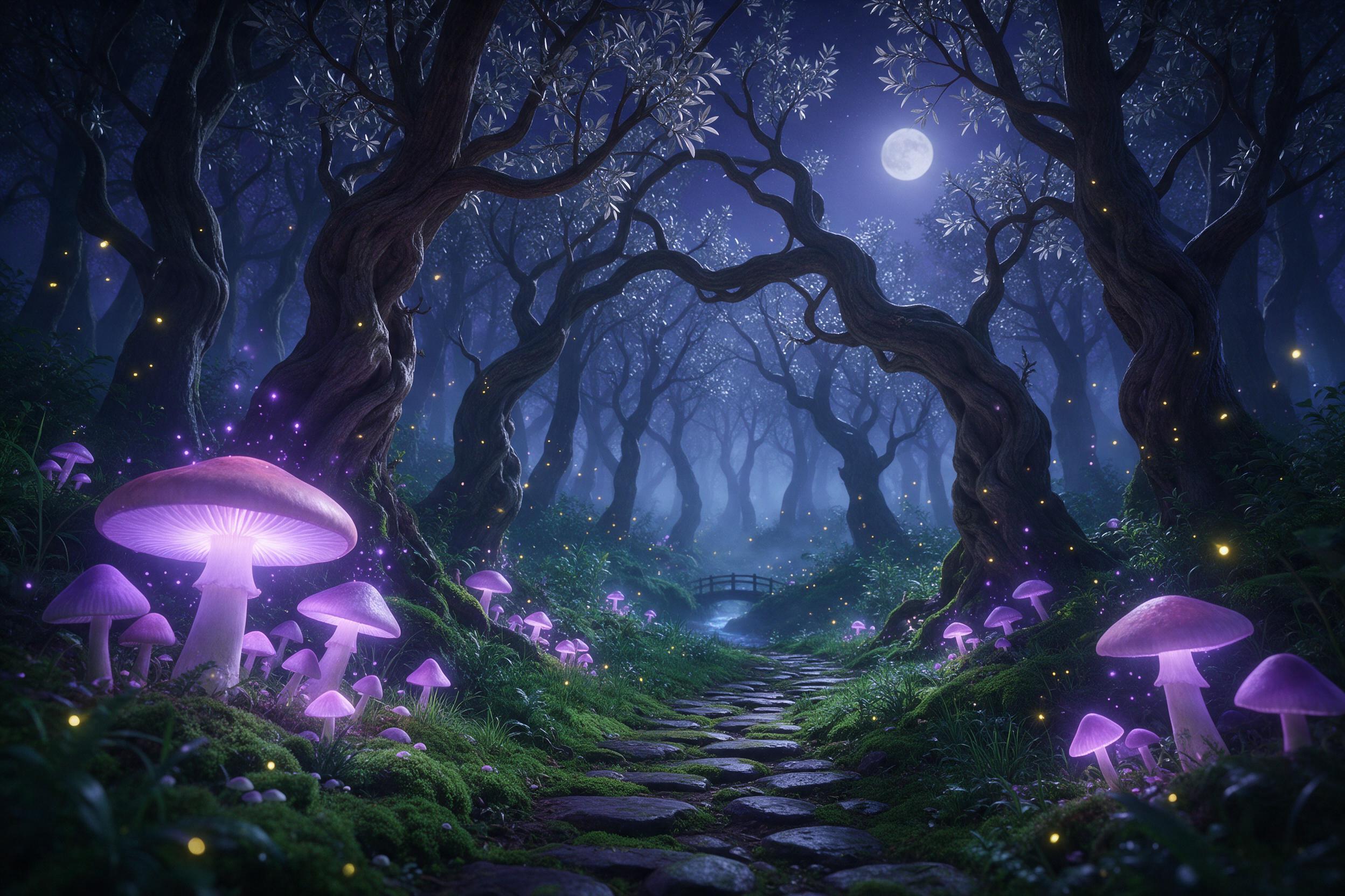 A moonlit enchanted forest with giant glowing mushrooms casting soft bioluminescent light onto a winding moss-covered path; fireflies drifting in the air; tall, twisted trees with silver leaves; misty atmosphere; rich emerald and violet palette; wide-angle composition emphasizing depth and mystery; 